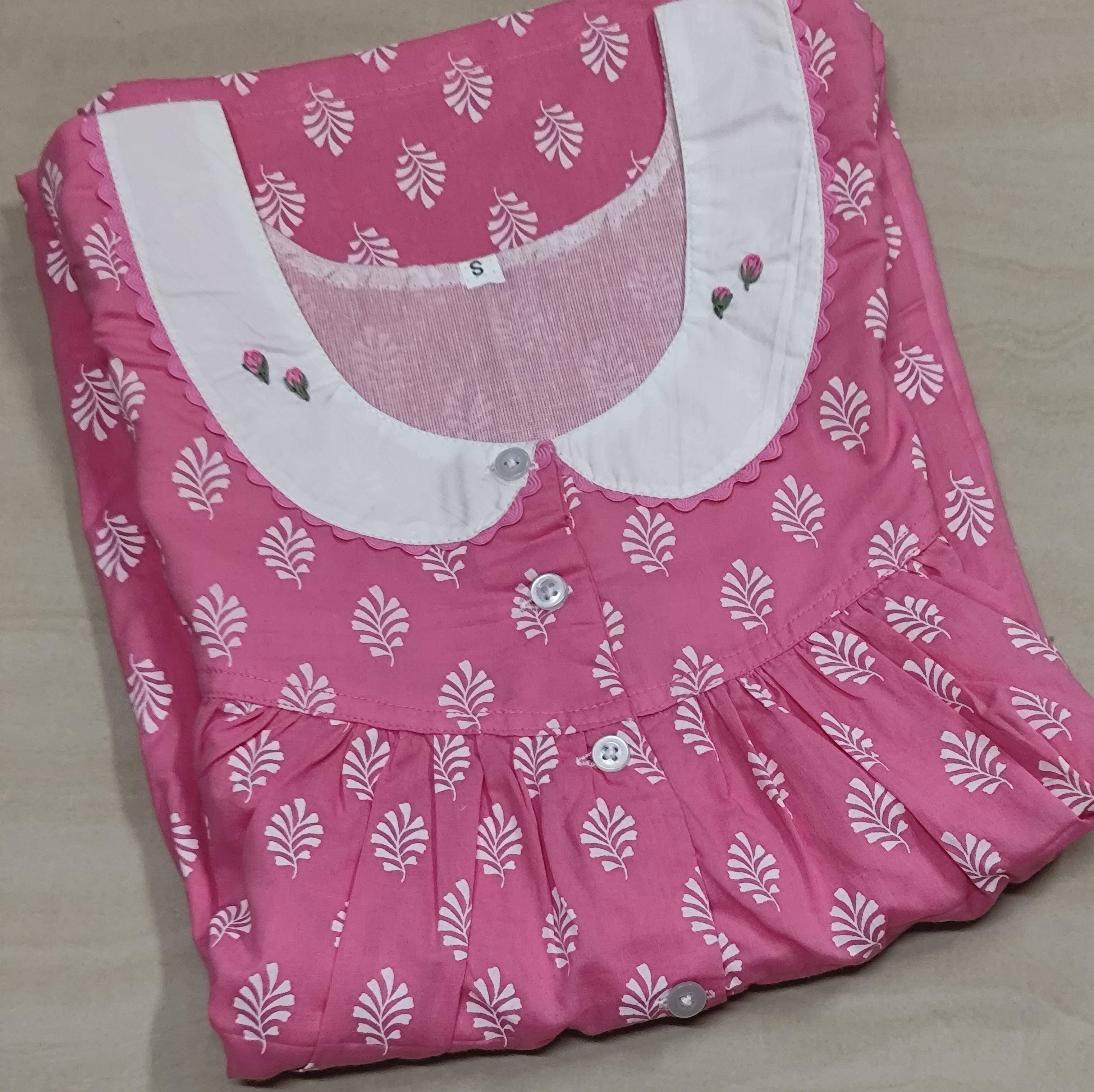 Soft Cotton Pleated, With Pockets, Half Open Small Printed Nighty
