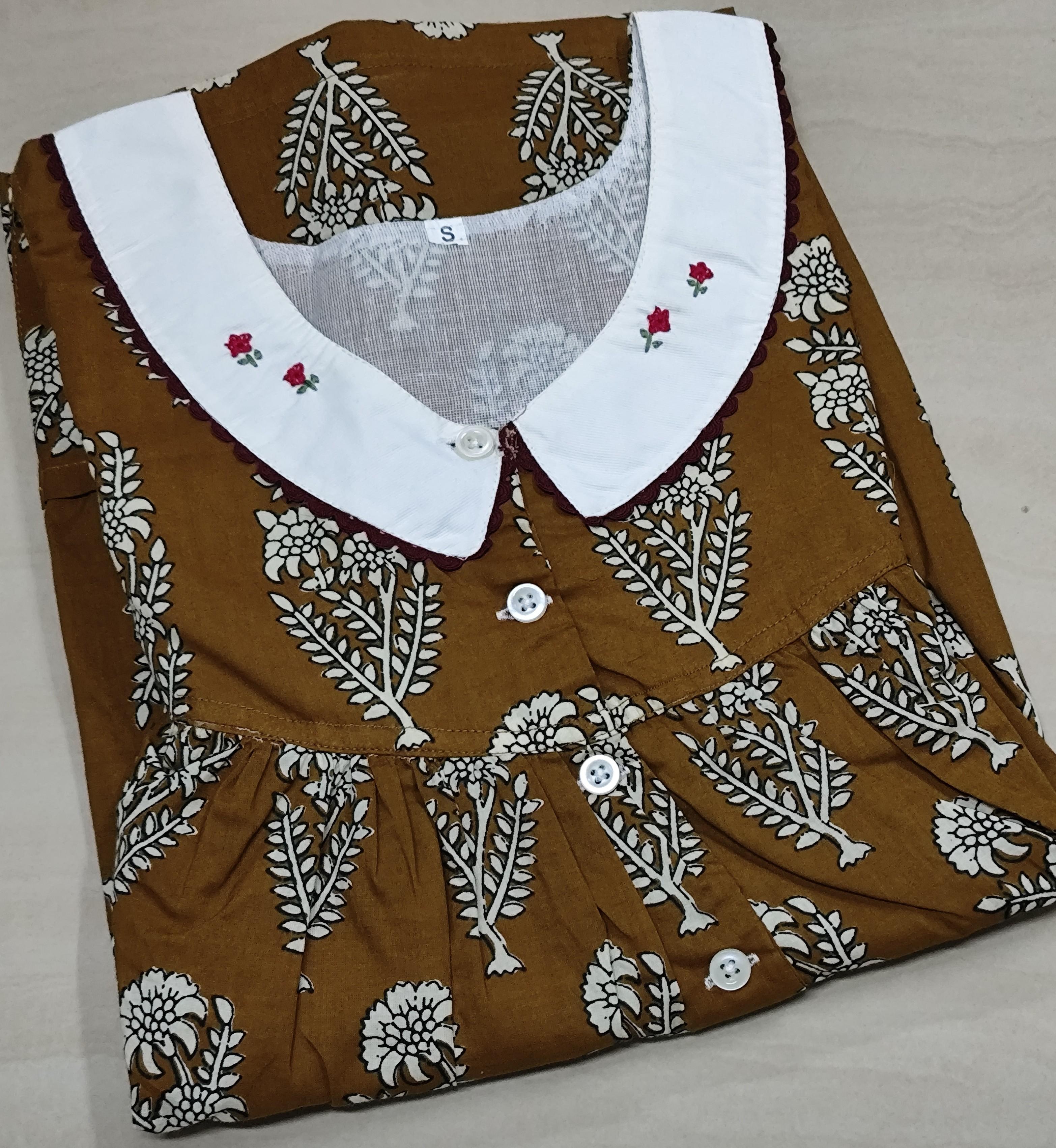 Soft Cotton Pleated, With Pockets, Half Open Small Printed Nighty