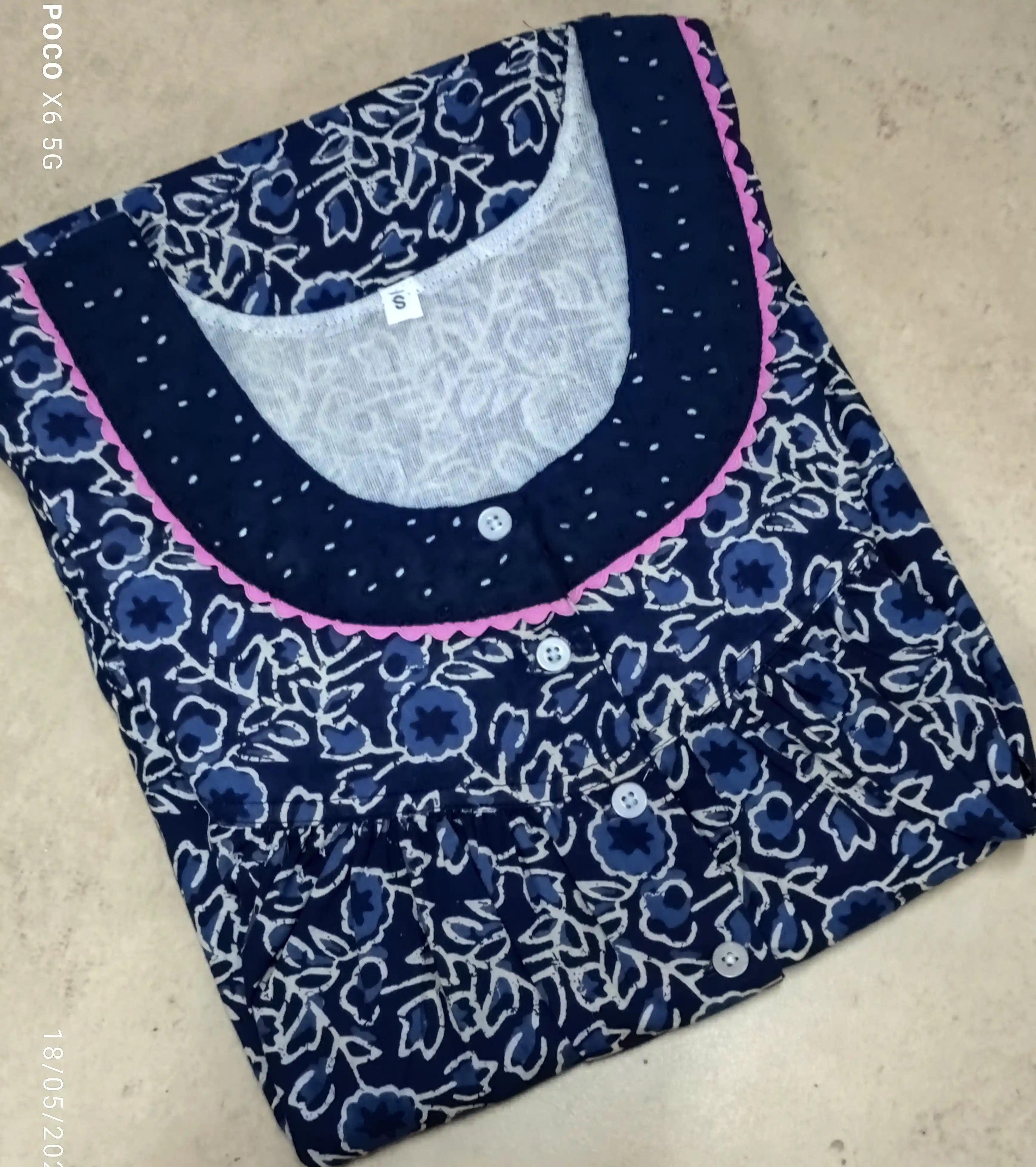Cotton Pleated, With Pockets, Half Open Small Printed Nighty