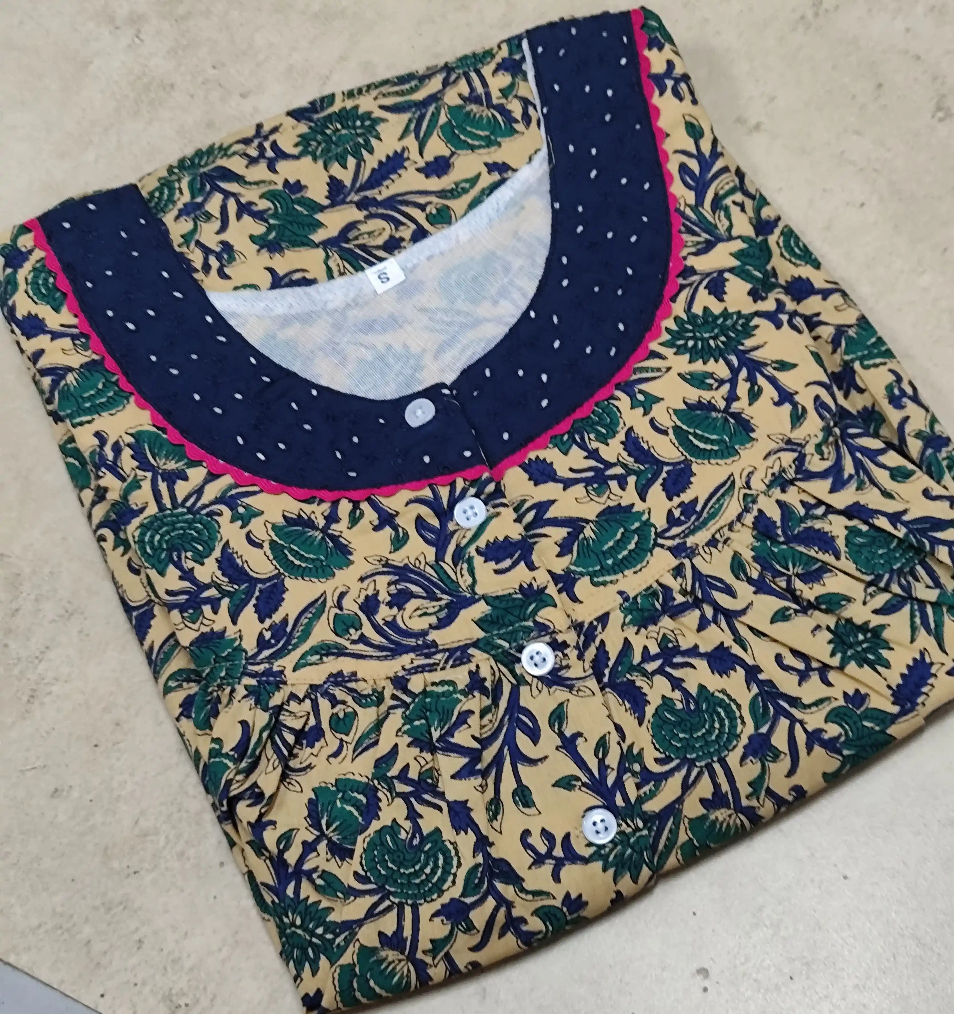 Cotton Pleated, With Pockets, Half Open Small Printed Nighty