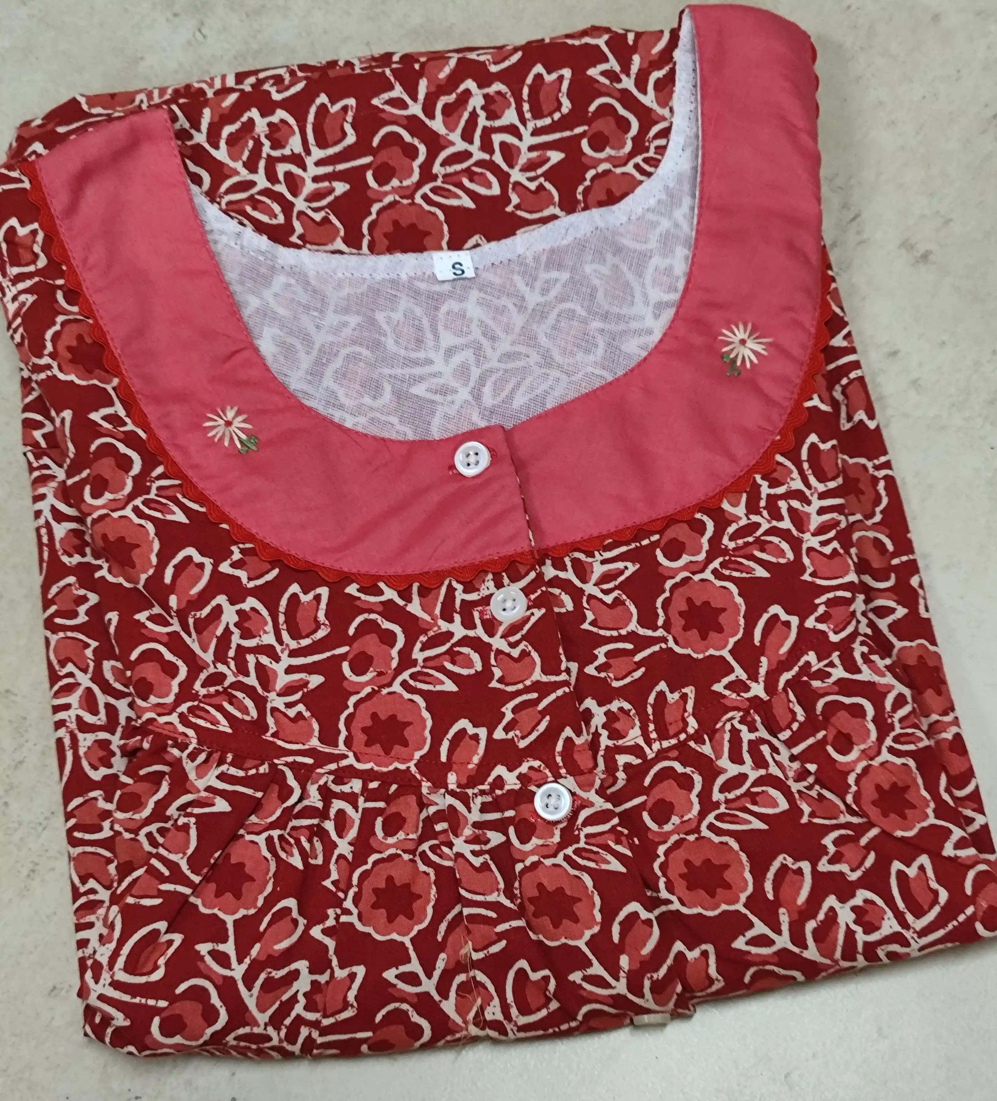 Cotton Pleated, With Pockets, Half Open Small Printed Nighty