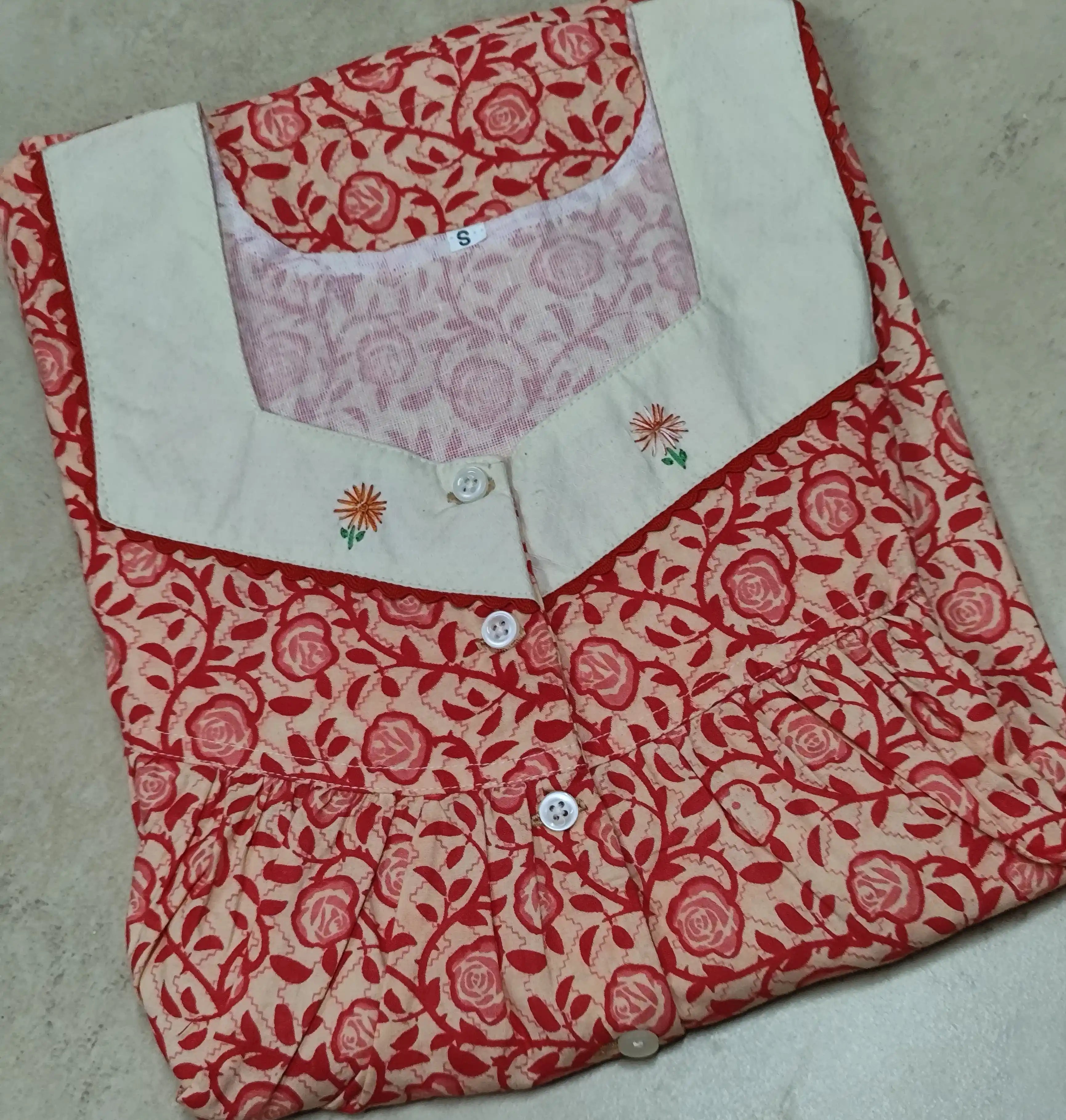 Cotton Pleated, With Pockets, Half Open Small Printed Nighty