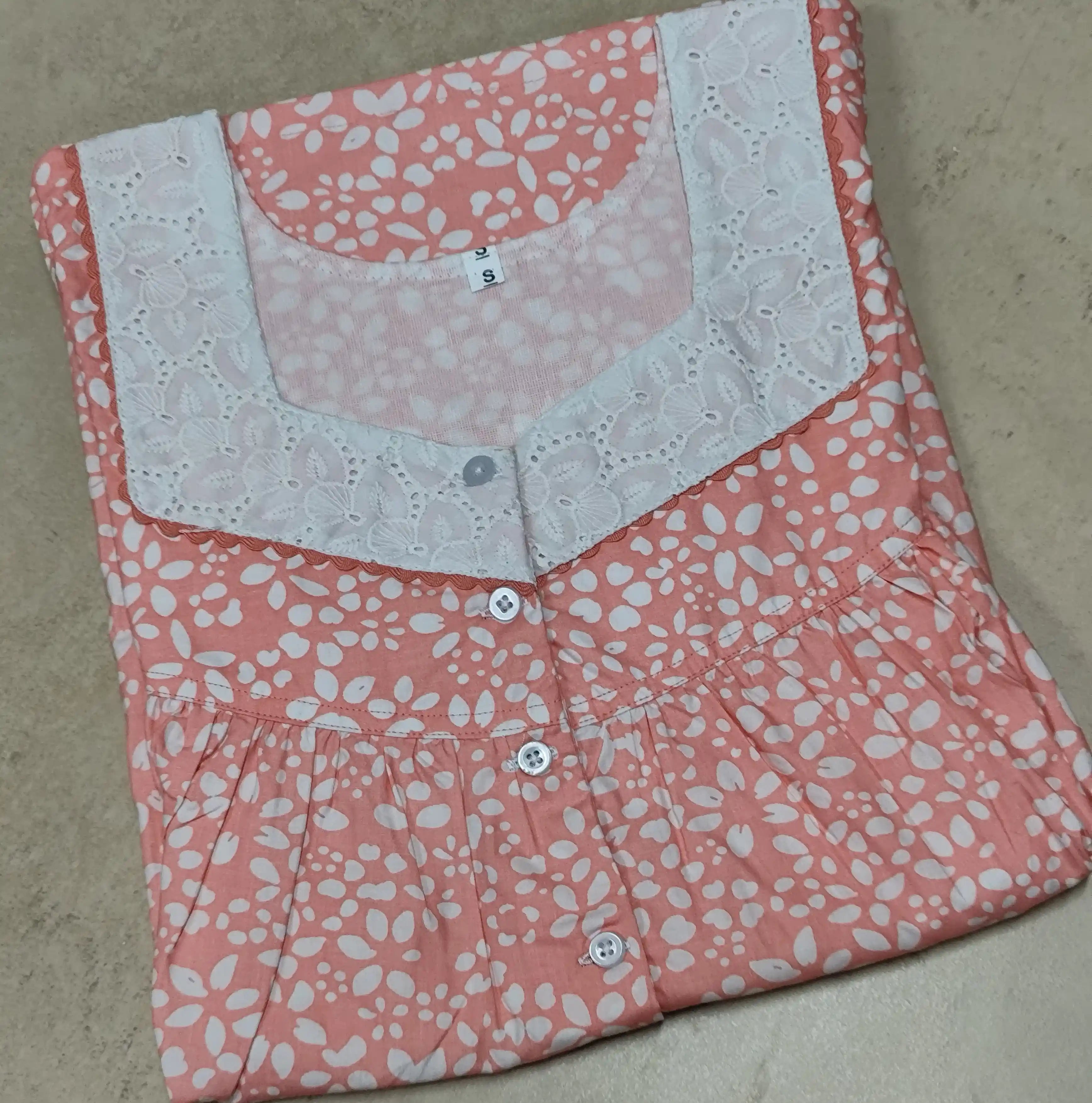 Cotton Pleated, With Pockets, Half Open Small Printed Nighty