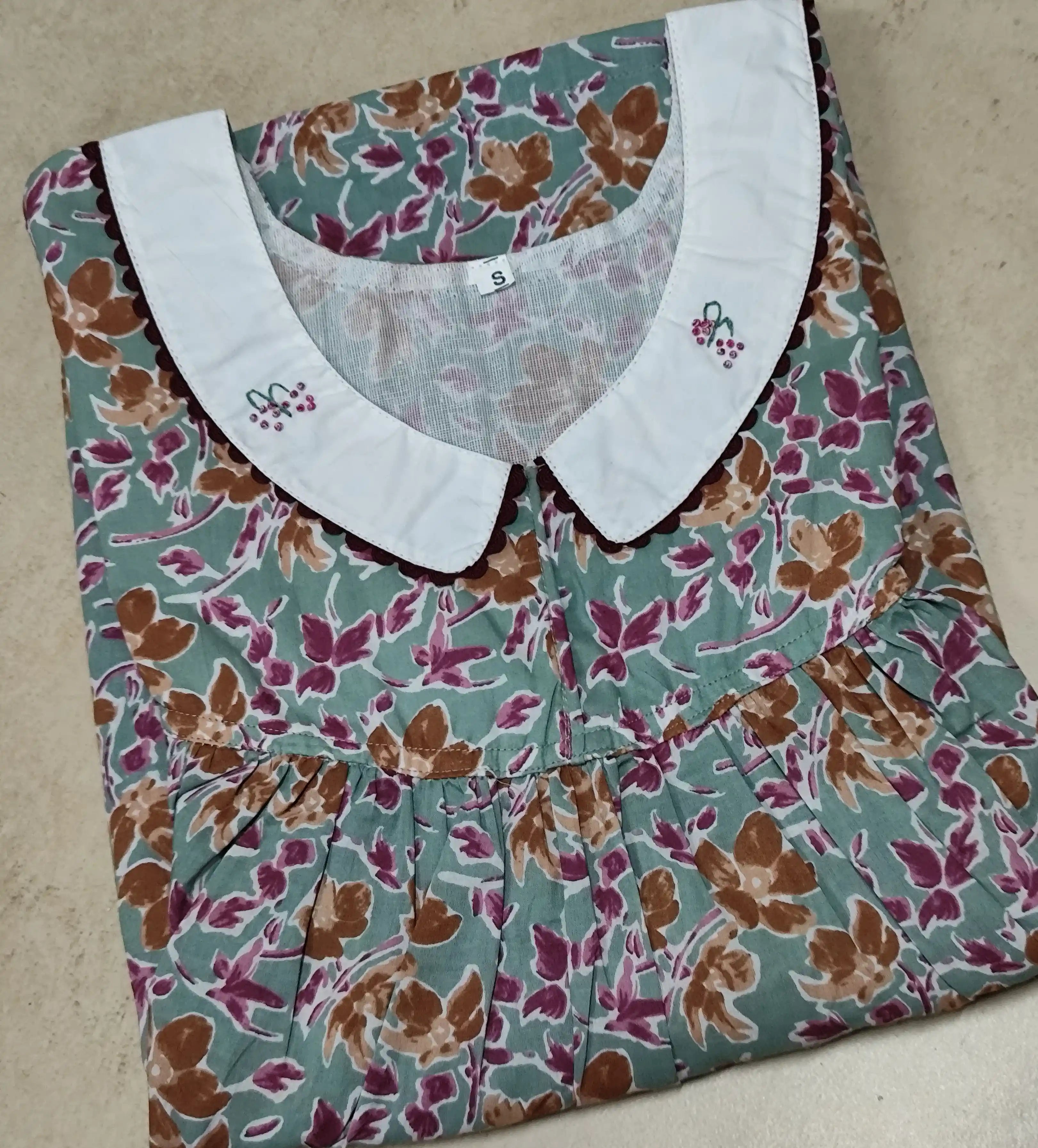 Cotton Pleated, With Pockets, No Open Small Printed Nighty