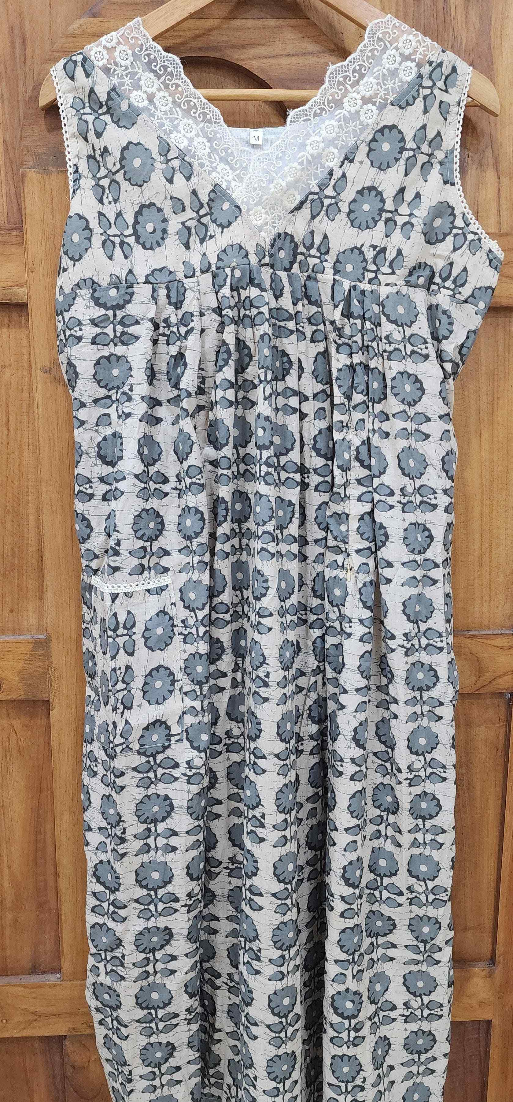 Soft Cotton Pleated, With Pockets, Sleeveless, Side elastic Large Printed Frock Nighty