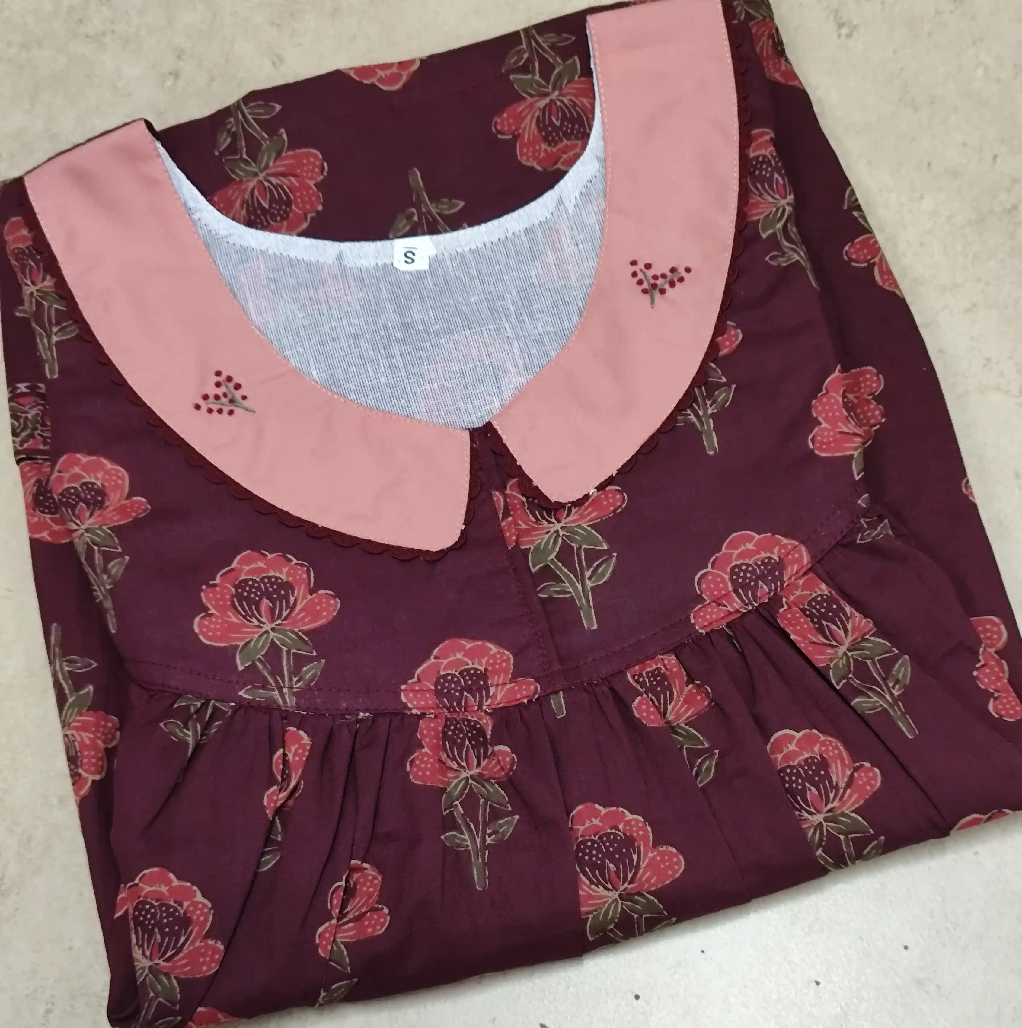 Cotton Pleated, With Pockets, No Open Small Printed Nighty