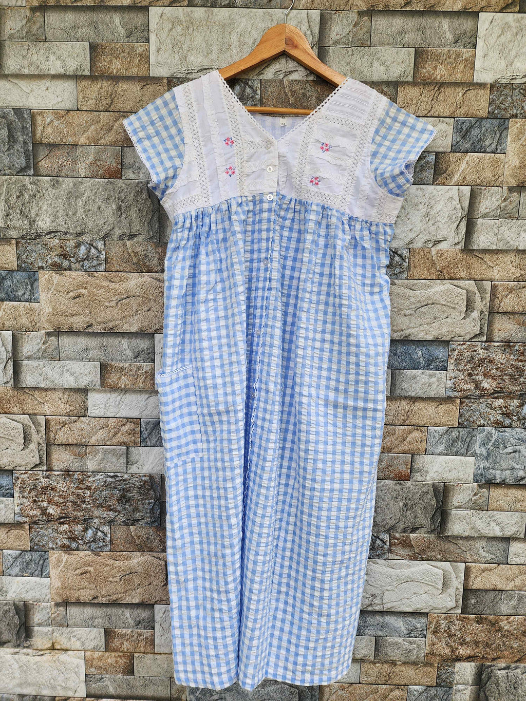 Cotton Pleated, With Pockets, Back A-line, Full Open, Side elastic Small Printed Frock Nighty