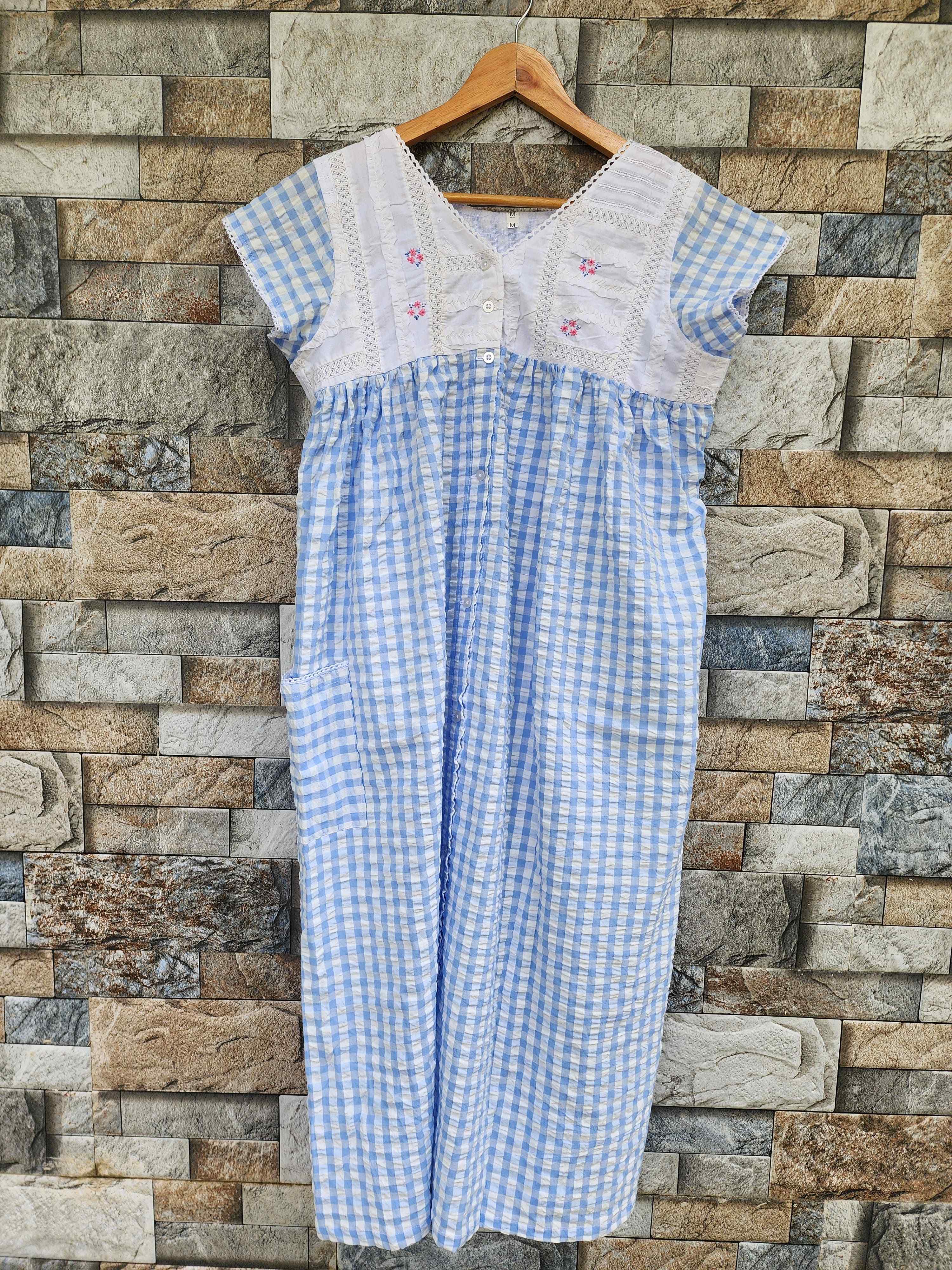 Cotton Pleated, With Pockets, Back A-line, Full Open, Side elastic Small Printed Frock Nighty