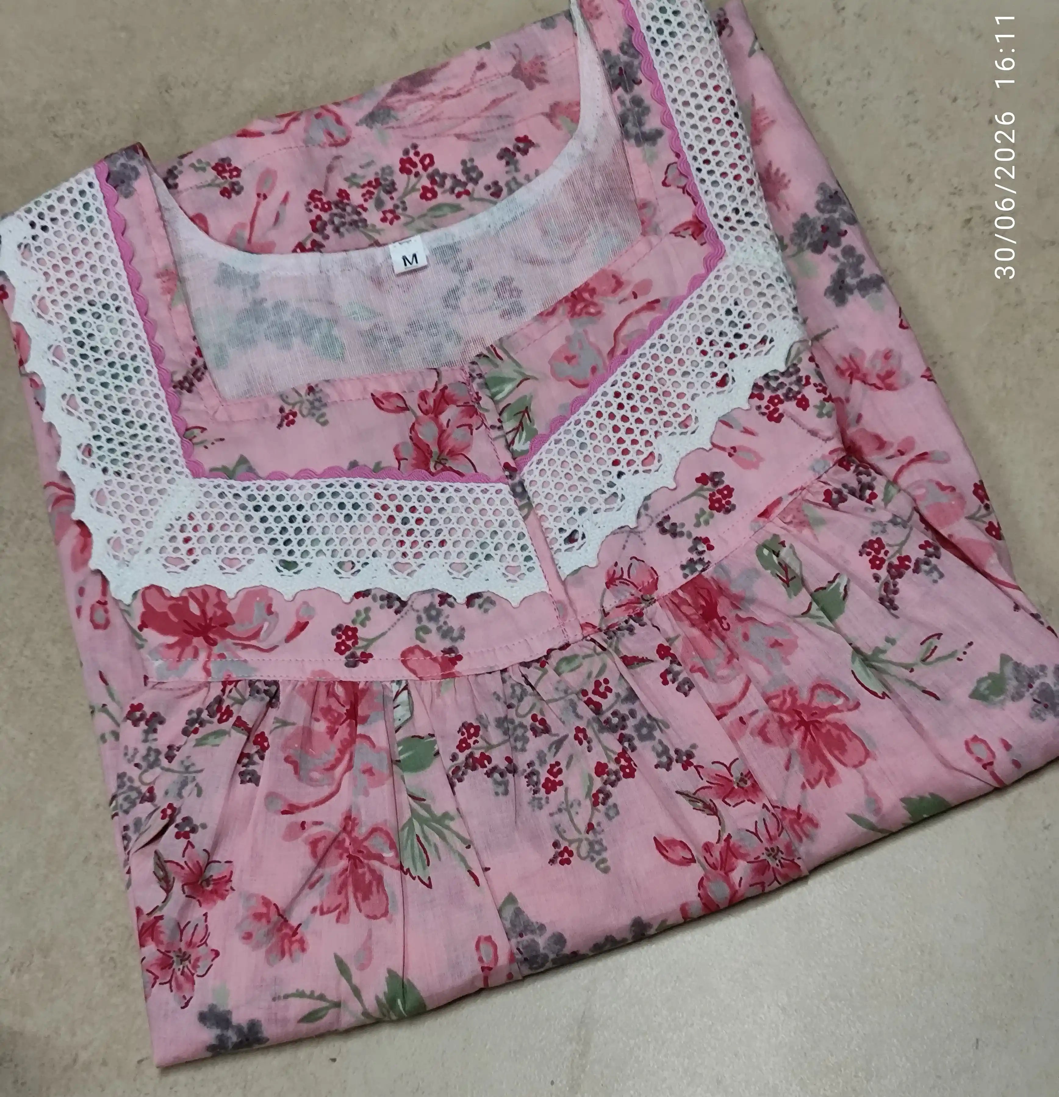 Soft Cotton Pleated, With Pockets, No Open Large Printed Nighty