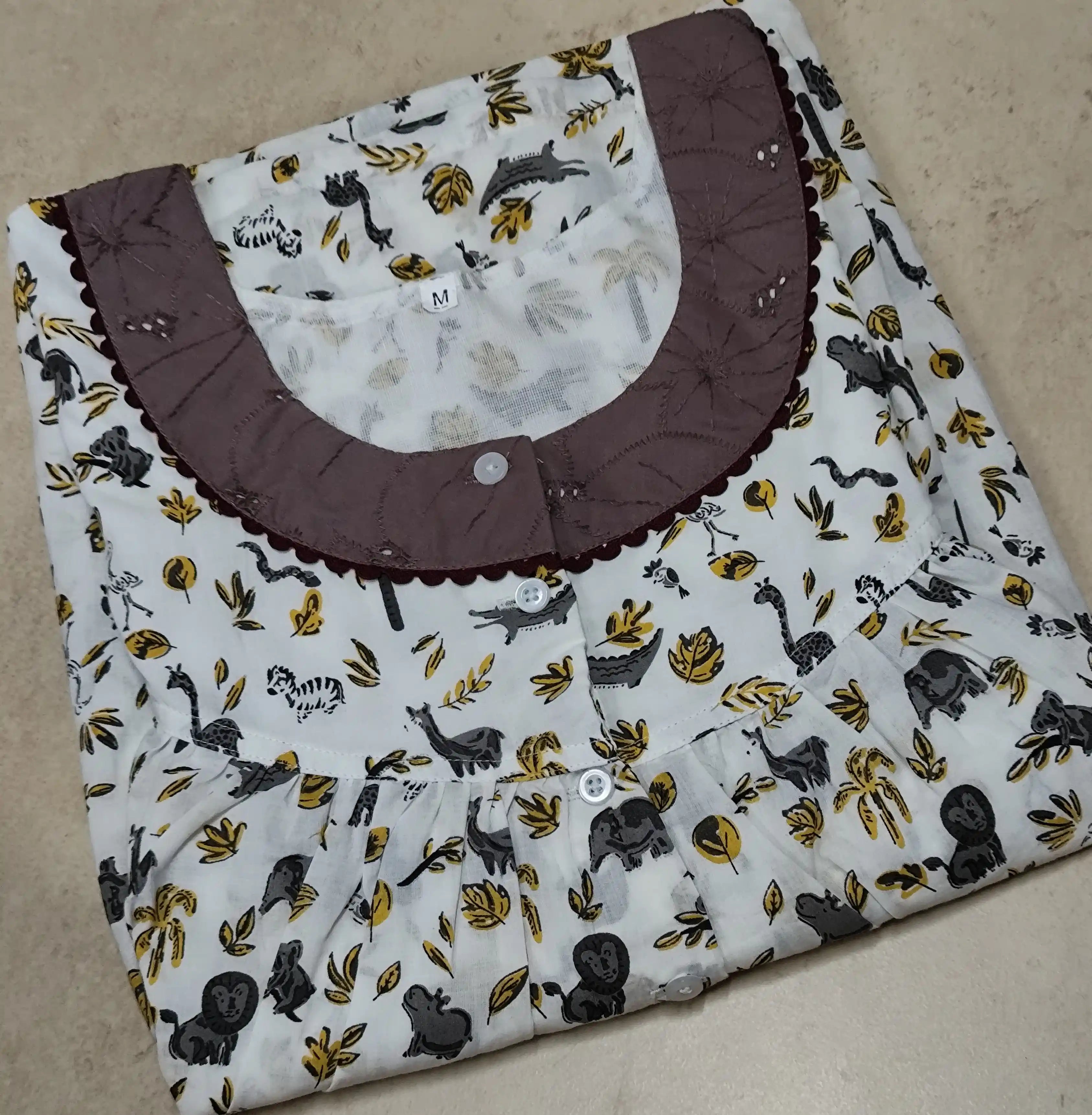 Cotton Pleated, With Pockets, Half Open Small Printed Nighty