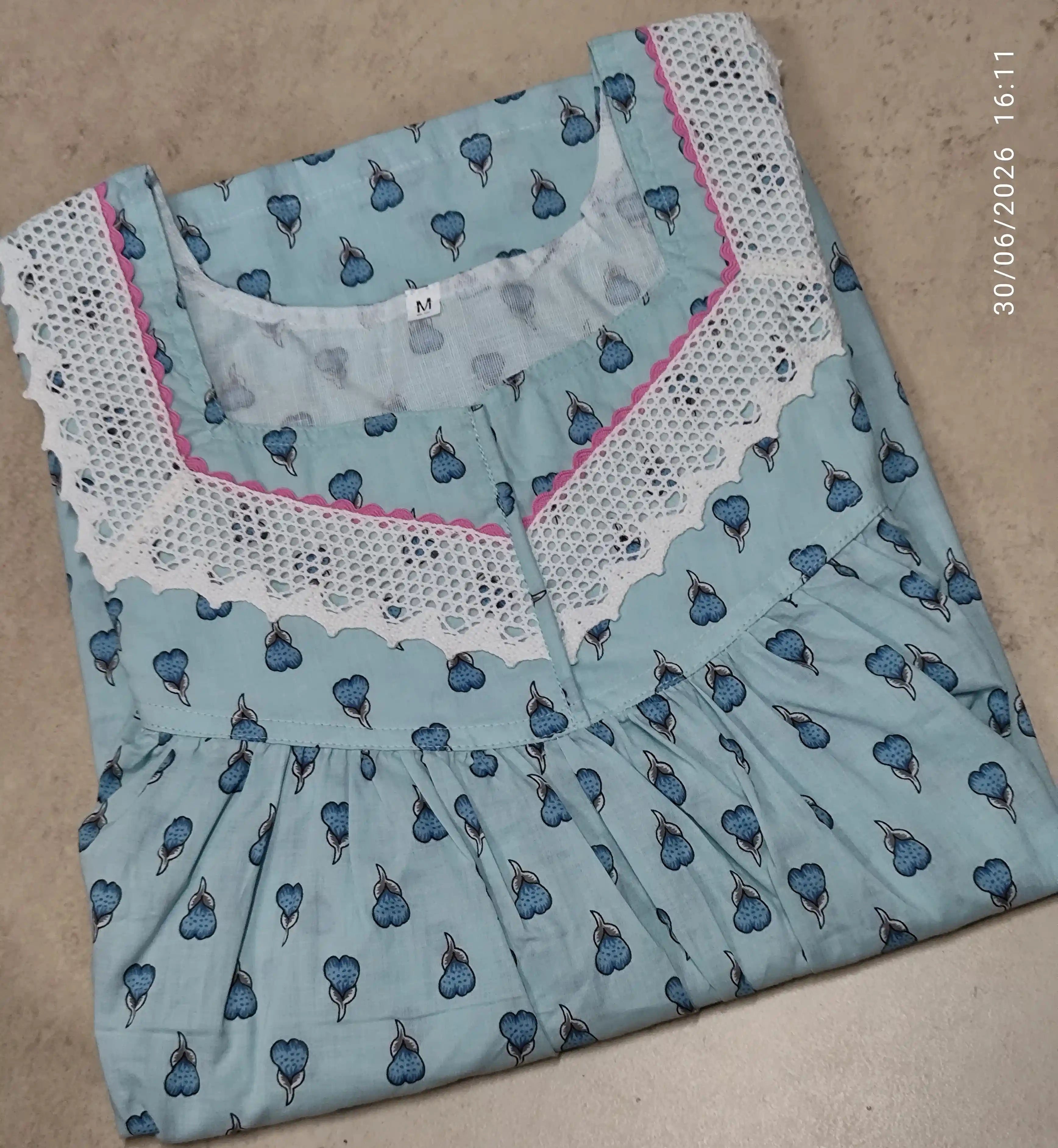 Soft Cotton Pleated, With Pockets, No Open Medium Printed Nighty