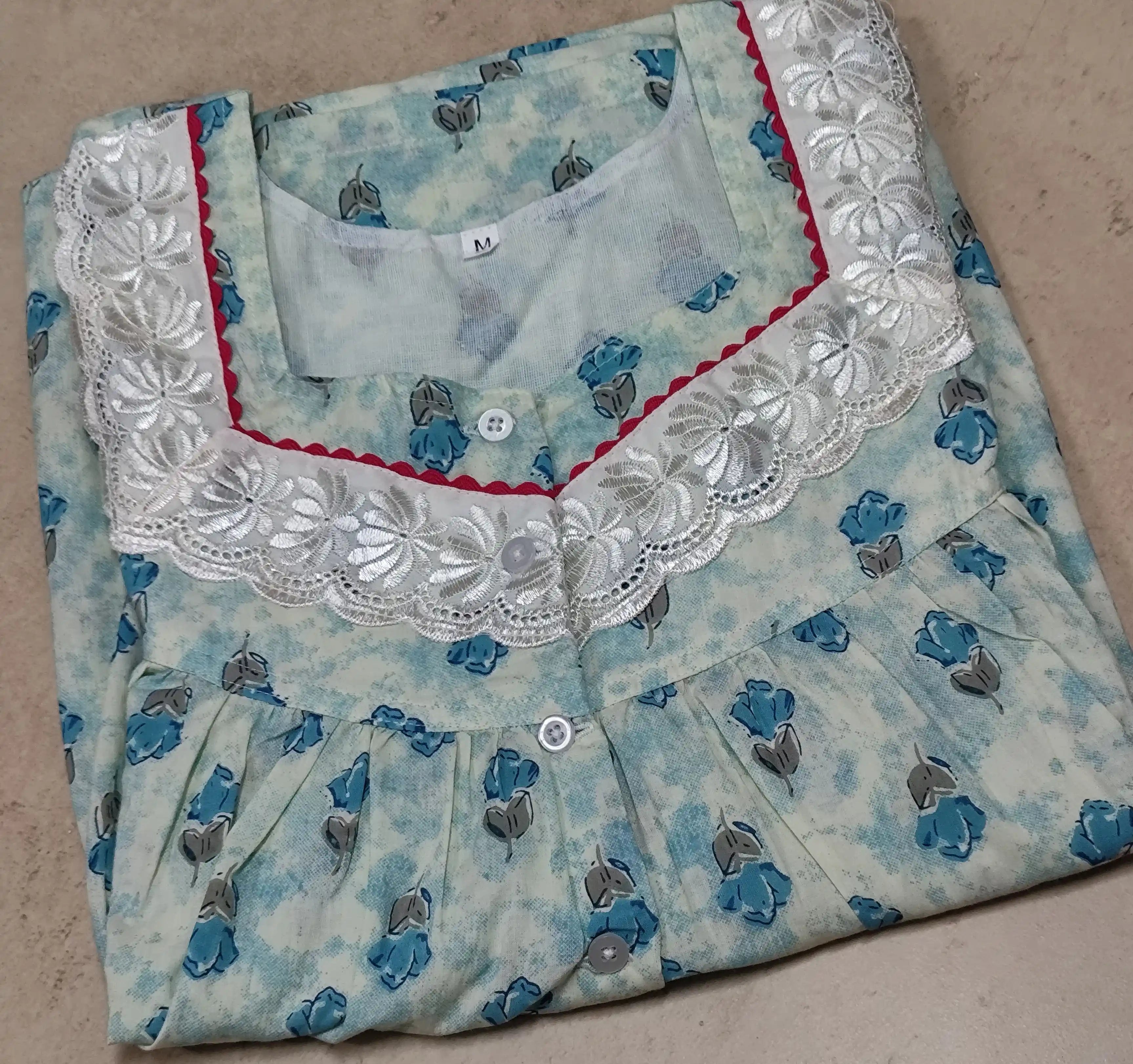 Cotton Pleated, With Pockets, Half Open Small Printed Nighty