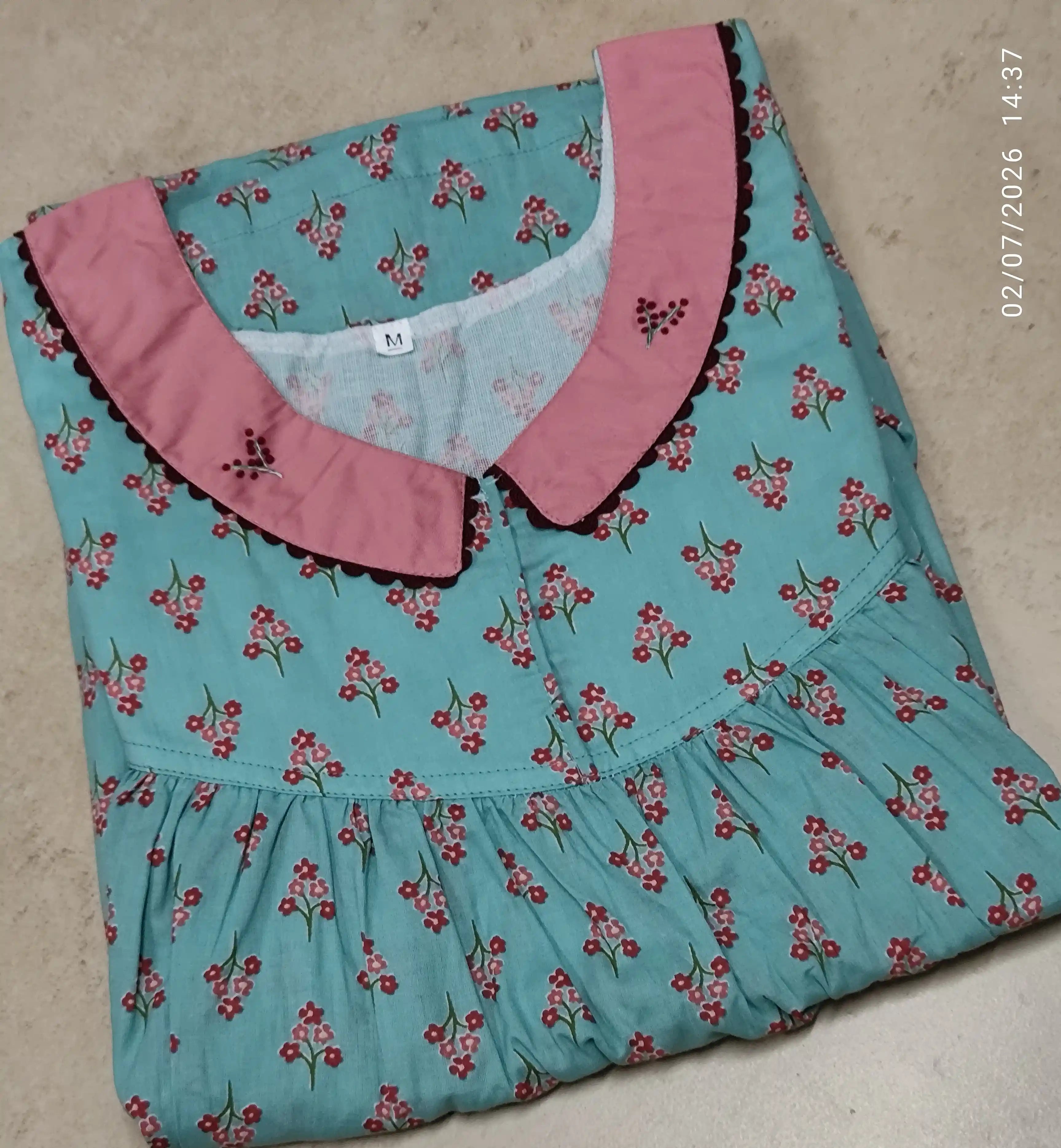 Cotton Pleated, With Pockets, Half Open Medium Printed Nighty
