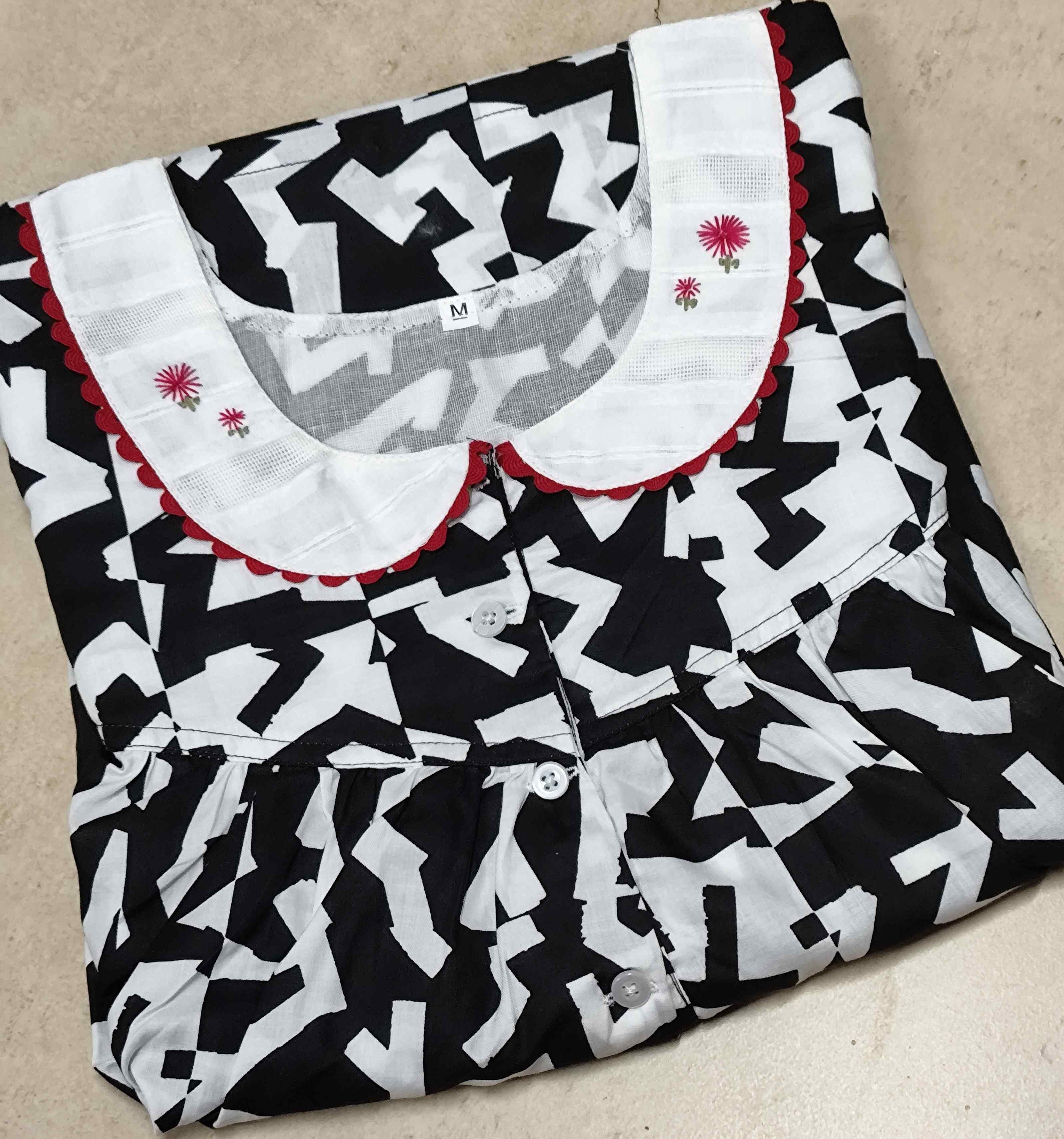 Cotton Pleated, With Pockets, Half Open Medium Printed Nighty