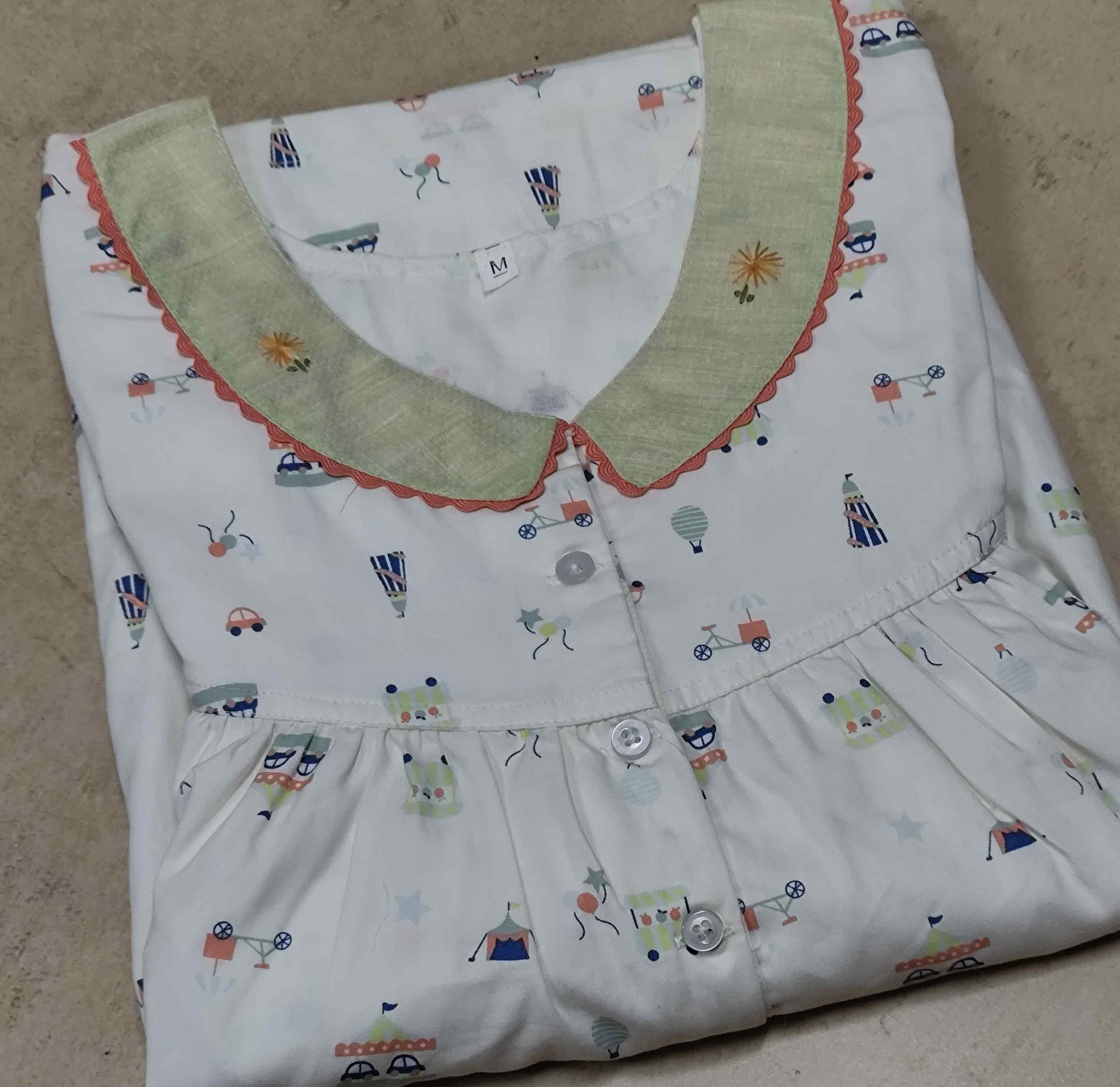 Cotton Pleated, With Pockets, Half Open Medium Printed Nighty