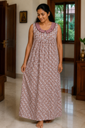 Cotton Pleated, With Pockets, Sleeveless Small Printed Nighty