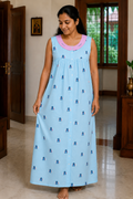 Cotton Pleated, With Pockets, Sleeveless, Half Open Medium Printed Nighty