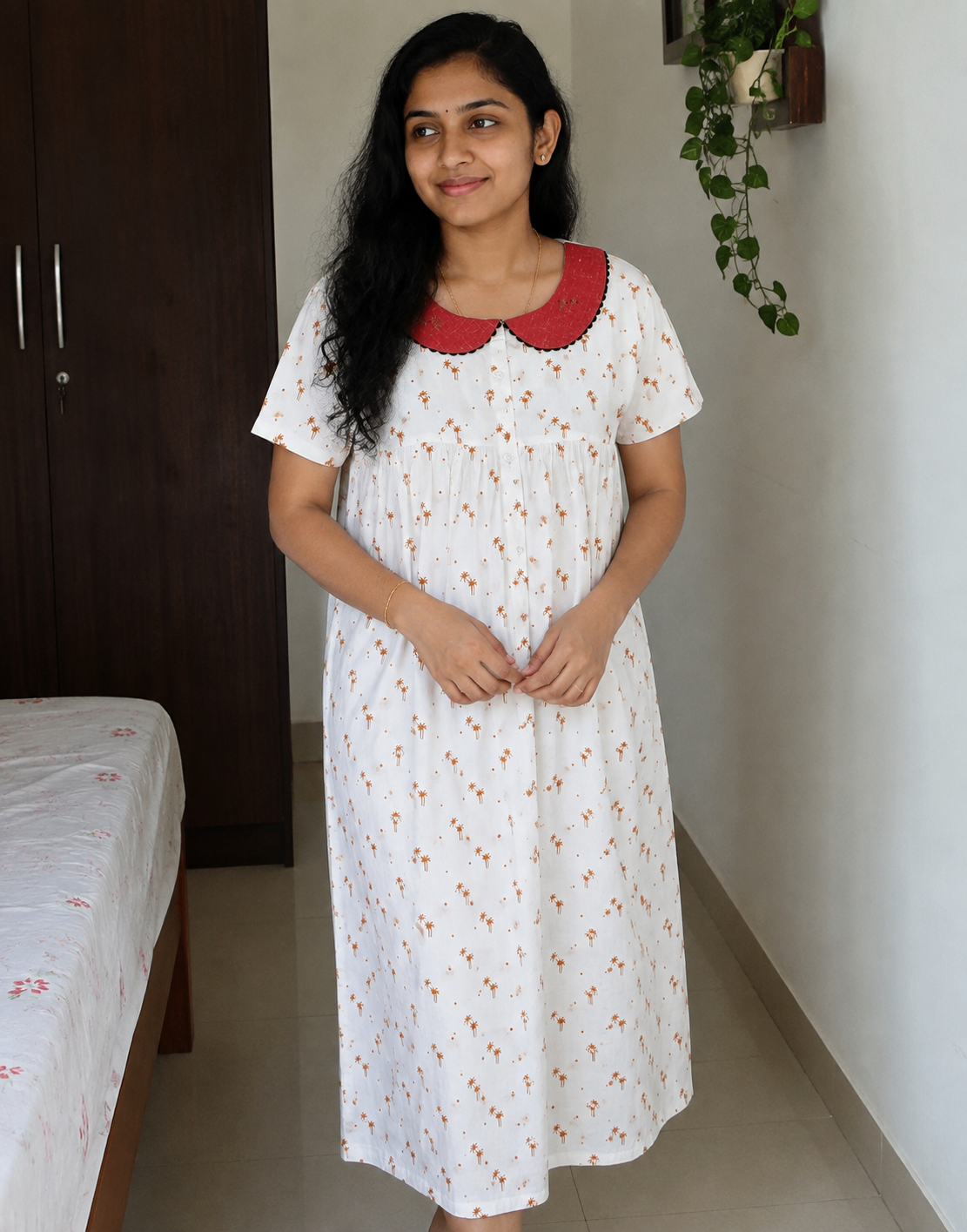 Cotton Pleated, With Pockets, Full Open Large Printed Nighty