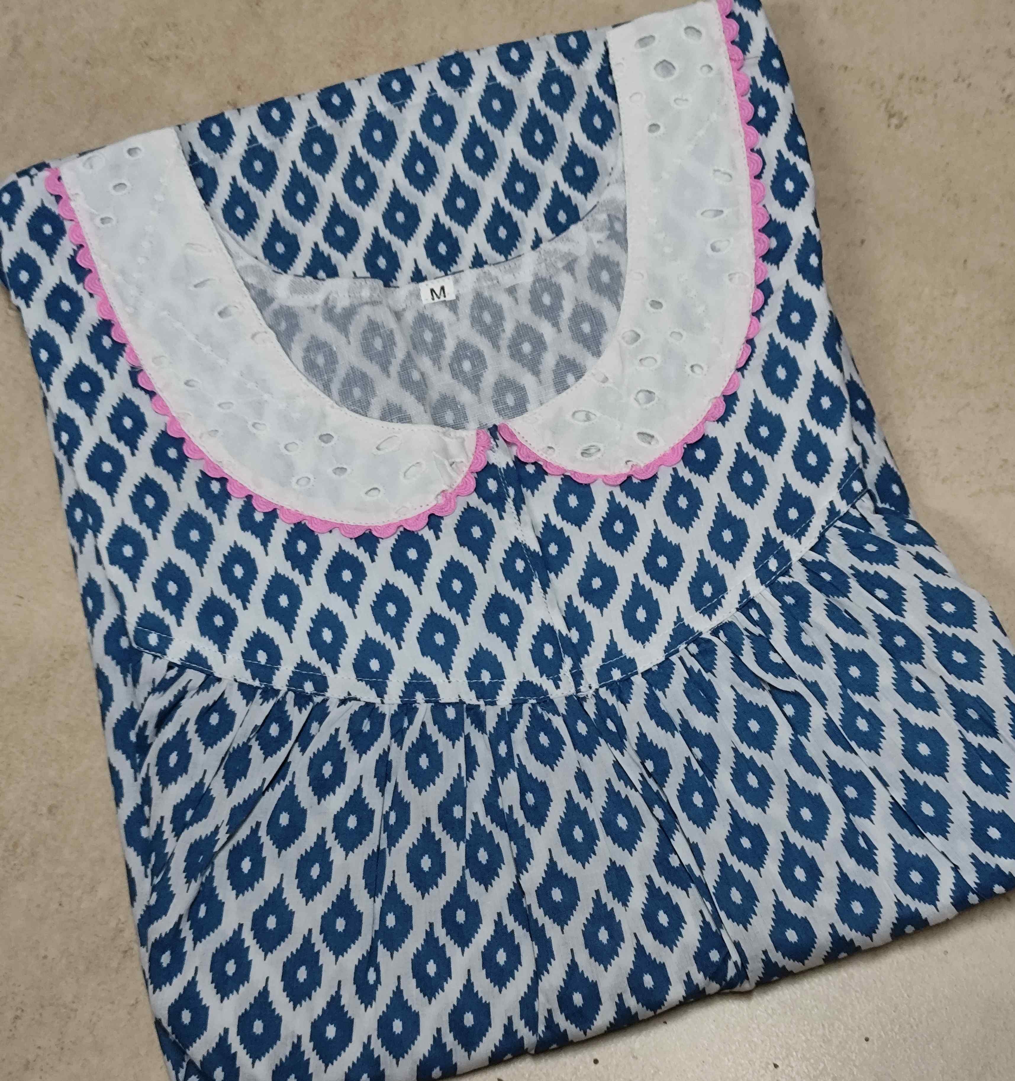 Cotton Pleated, With Pockets, Half Open Medium Printed Nighty