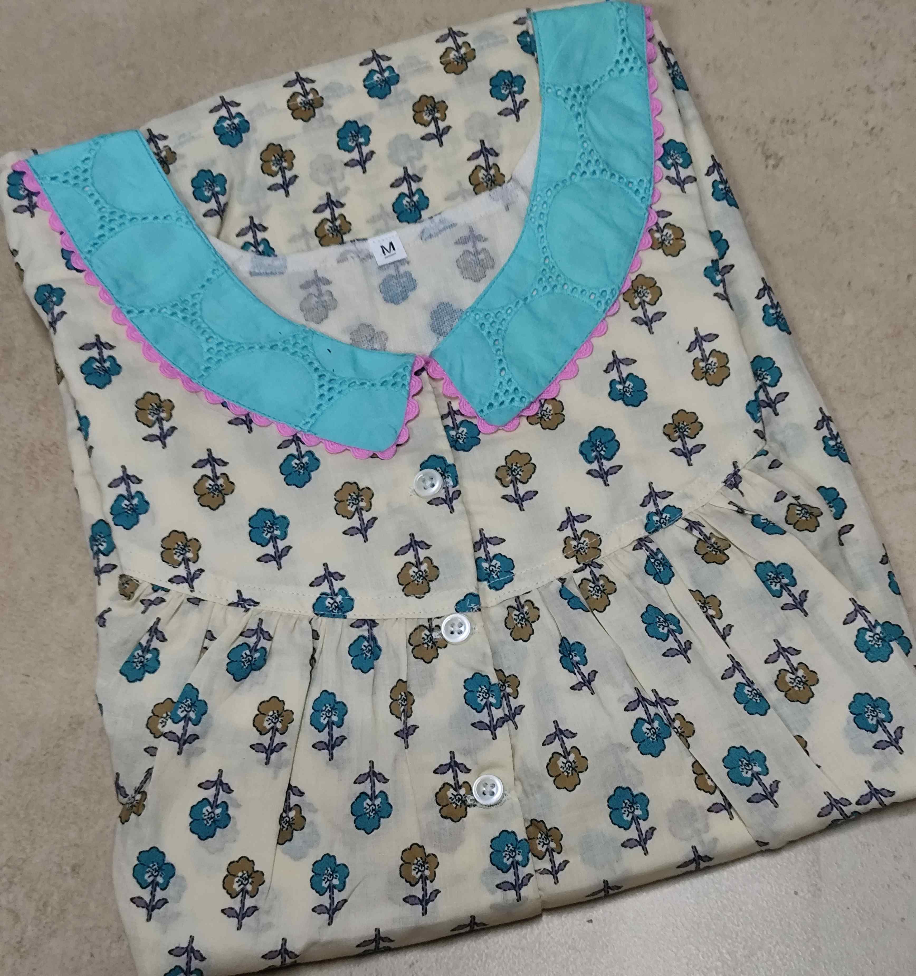 Cotton Pleated, With Pockets, Half Open Medium Printed Nighty