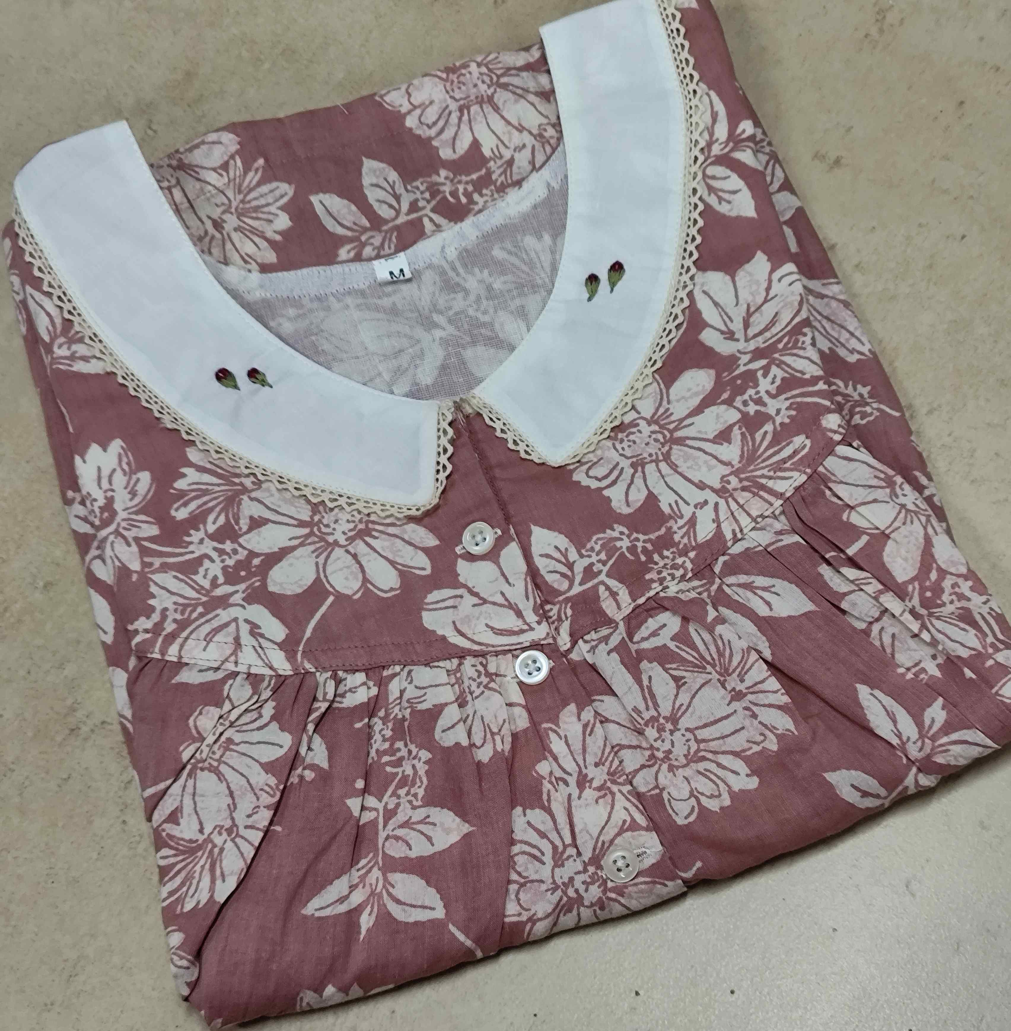 Cotton Pleated, With Pockets, Half Open Medium Printed Nighty