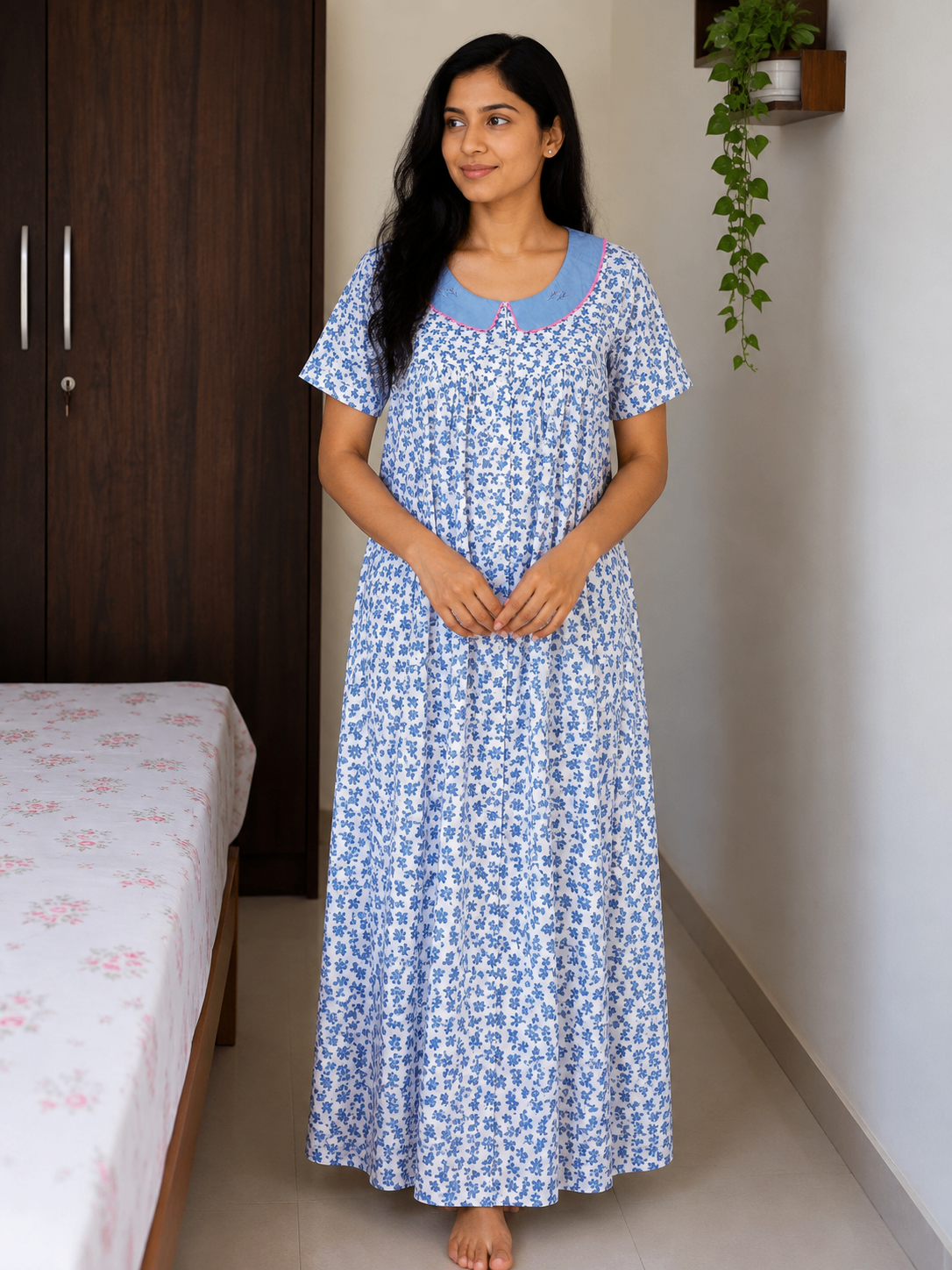 Cotton Pleated, With Pockets, Half Open Medium Printed Nighty