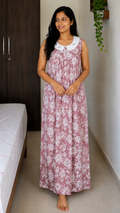 Cotton Pleated, With Pockets, Sleeveless, Half Open Medium Printed Nighty
