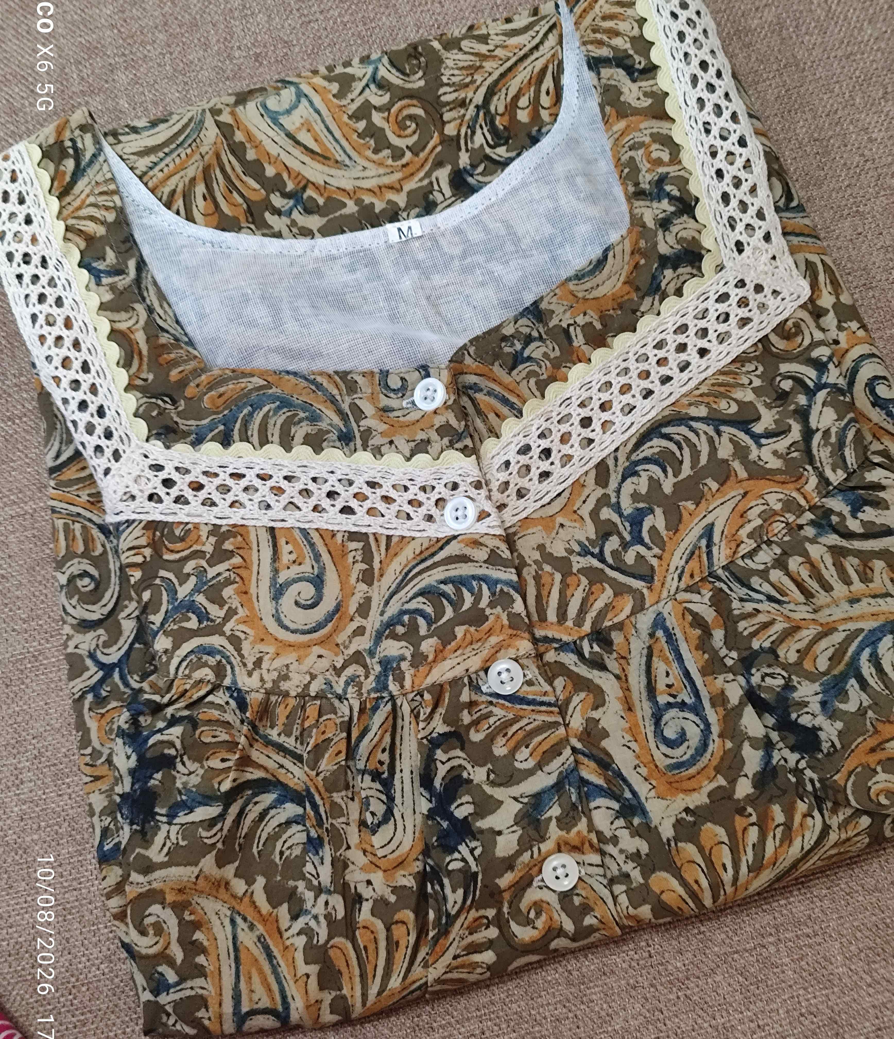 Cotton Pleated, With Pockets, Half Open Small Printed Nighty