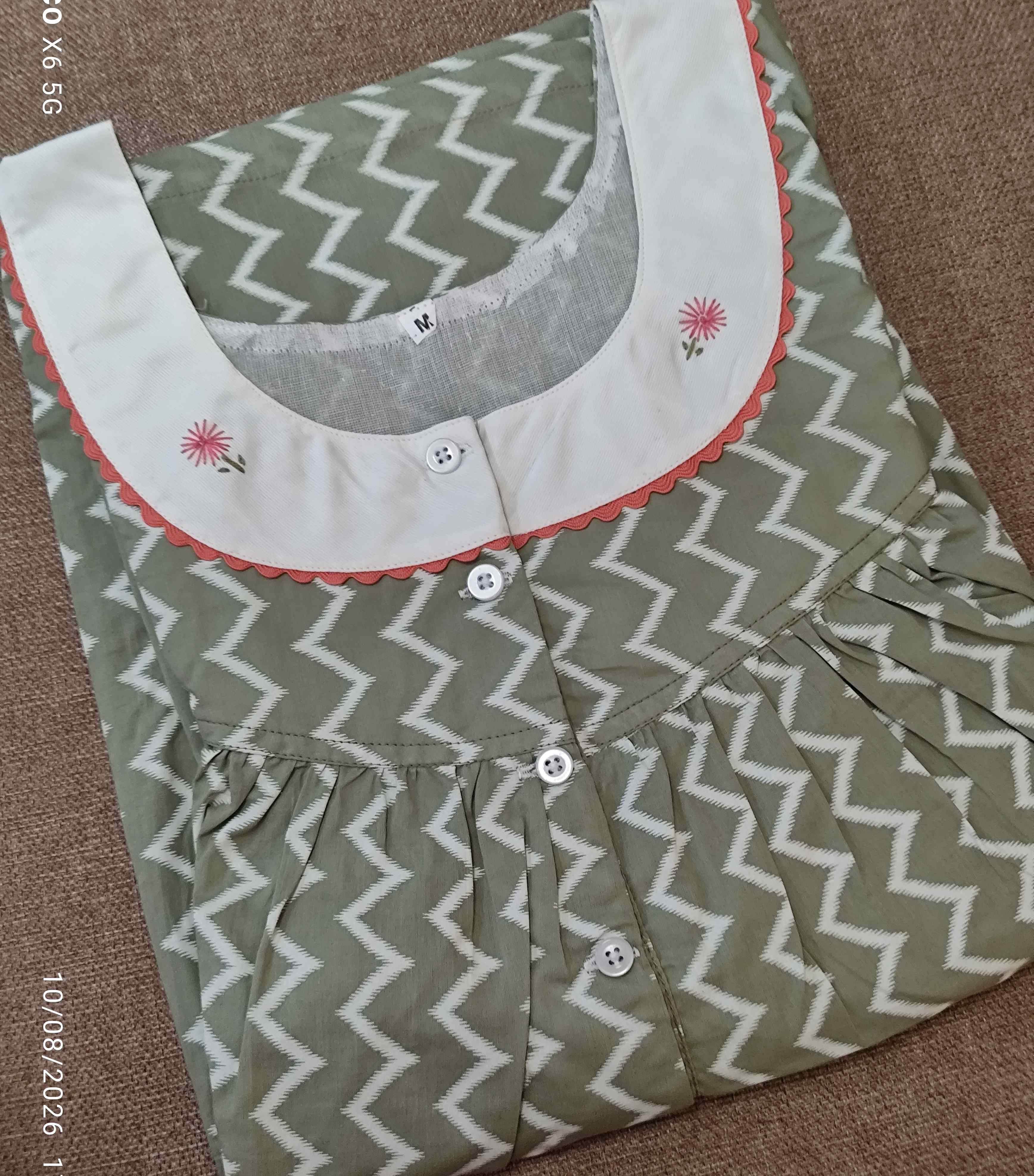 Cotton Pleated, With Pockets, Half Open Medium Printed Nighty