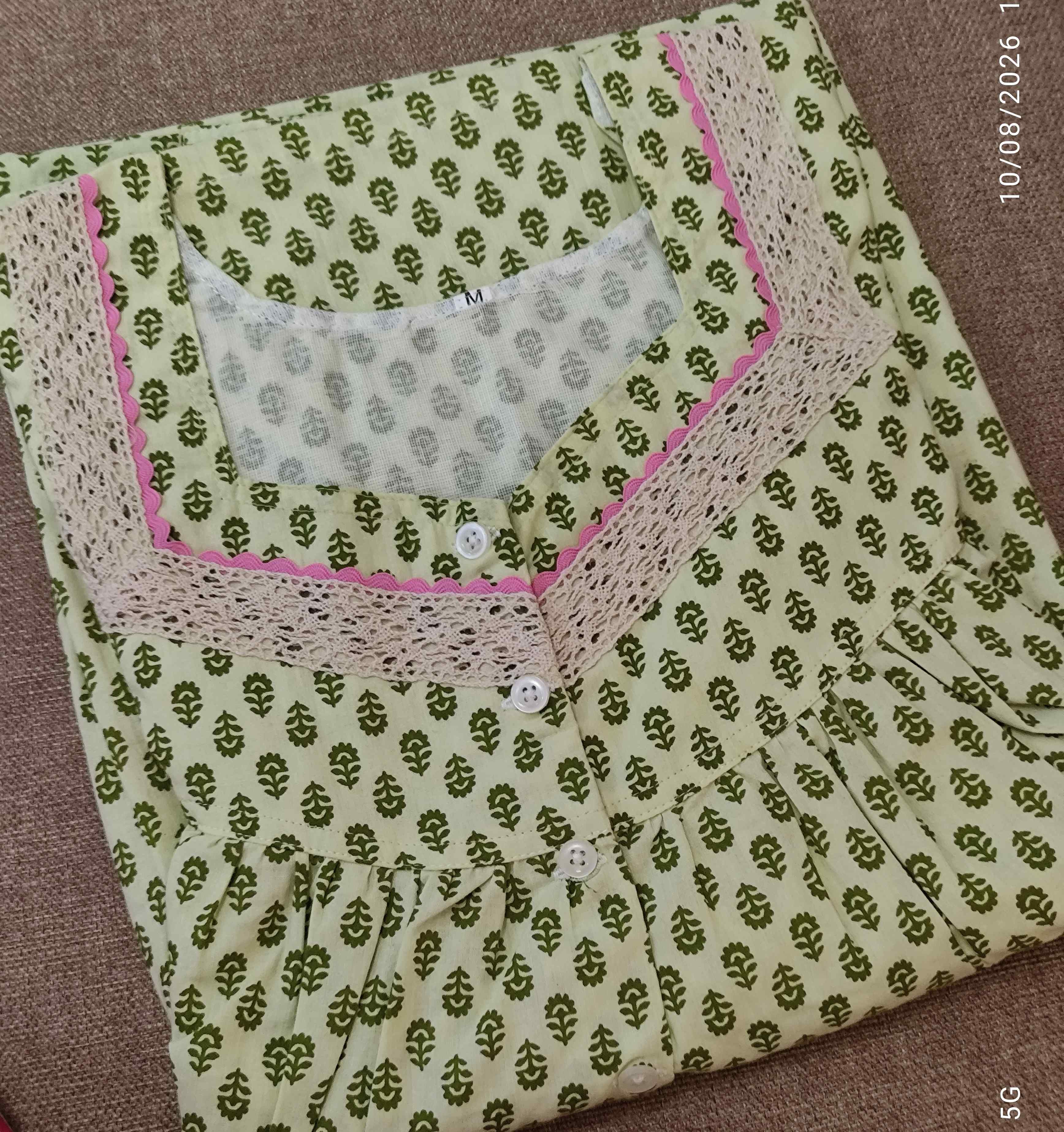 Cotton Pleated, With Pockets, Half Open Medium Printed Nighty