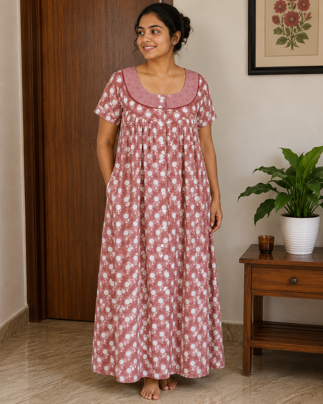Cotton Pleated, With Pockets, Half Open Medium Printed Nighty