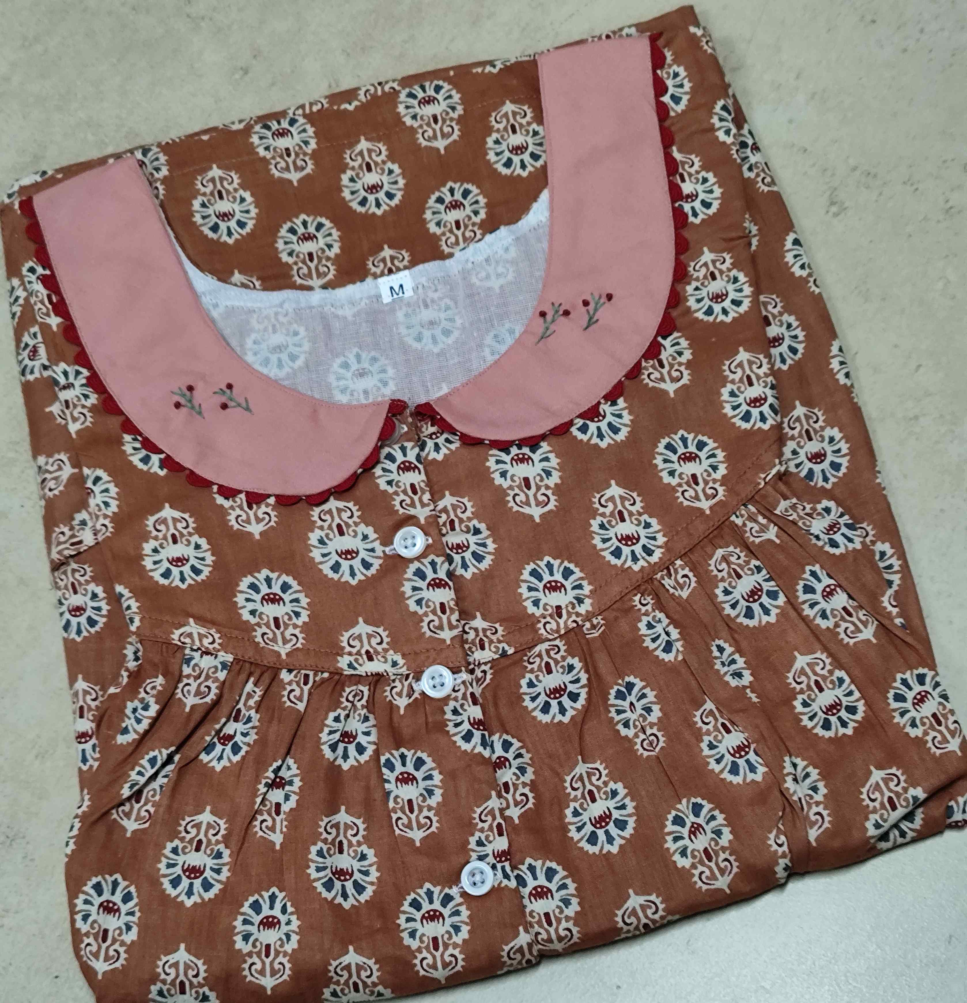 Cotton Pleated, With Pockets, Half Open Medium Printed Nighty