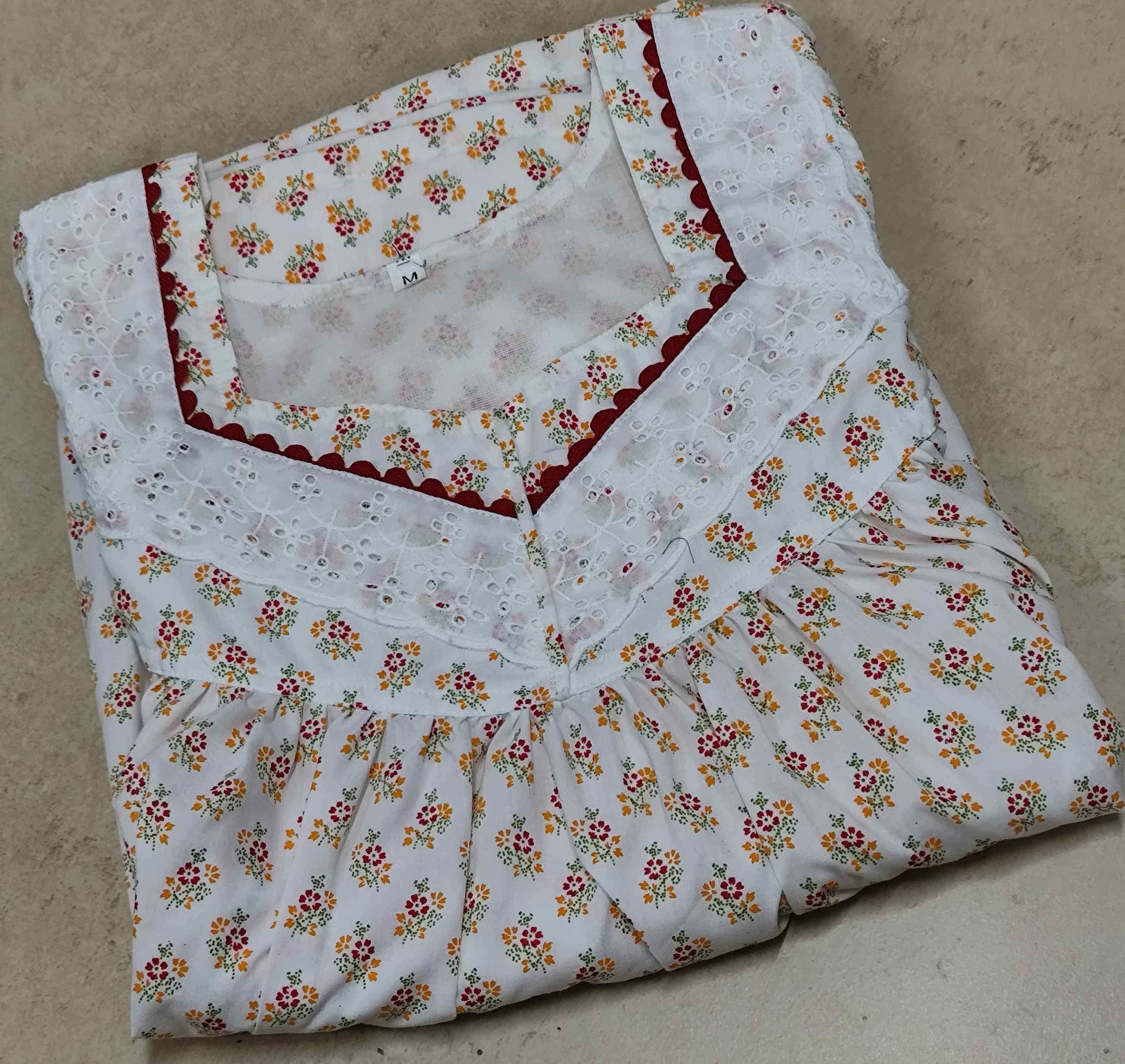 Cotton Pleated, With Pockets, No Open Large Printed Nighty