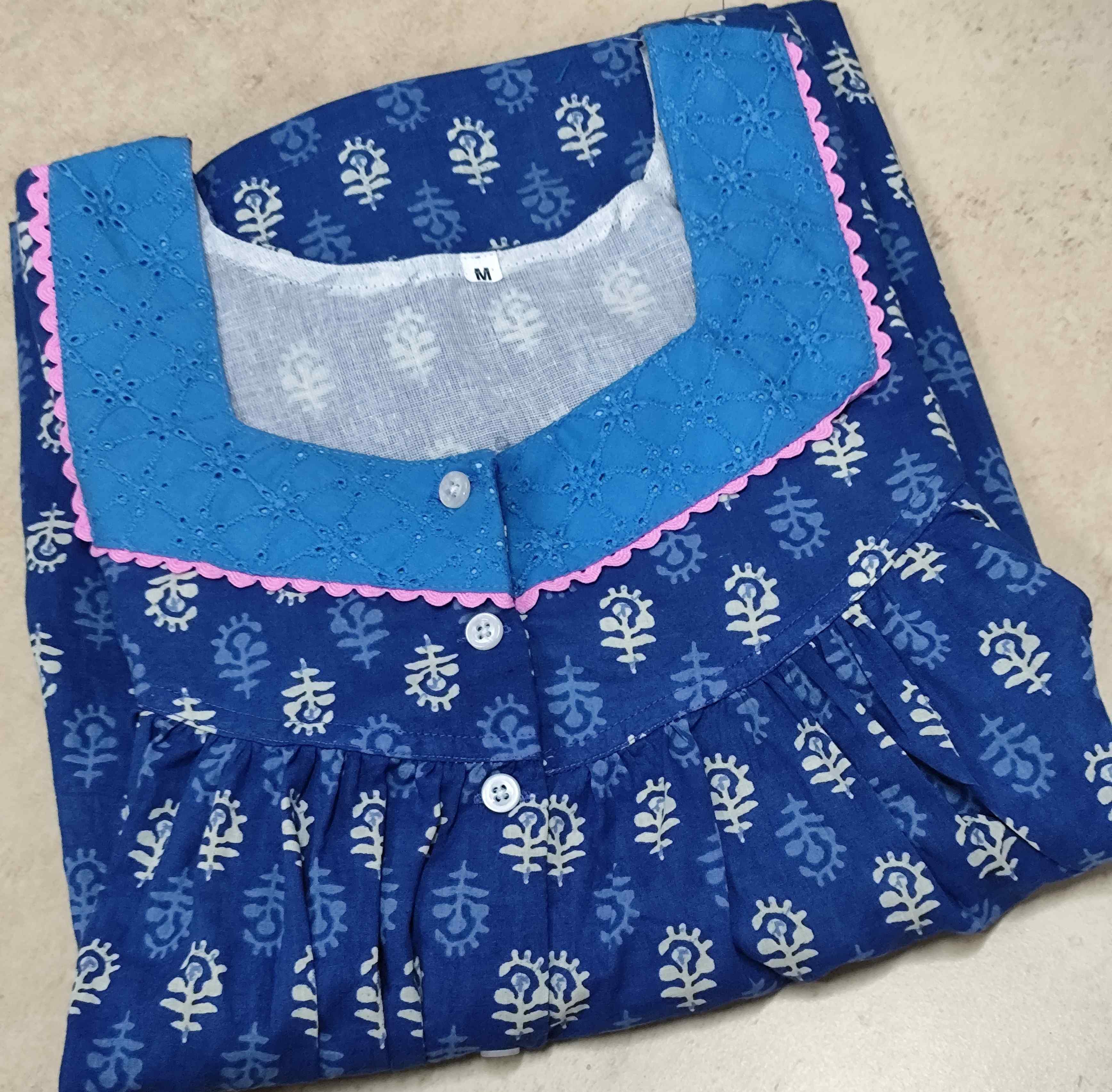 Cotton Pleated, With Pockets, Half Open Medium Printed Nighty