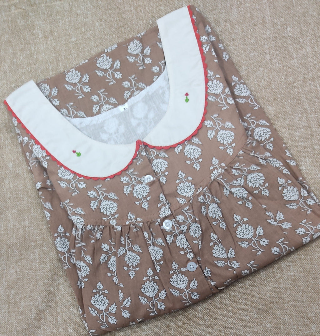 Cotton Pleated , With Pockets, Half Open Medium Printed Nighty