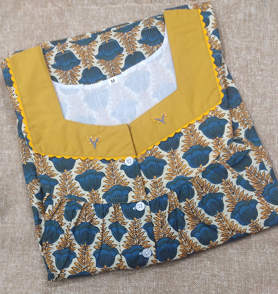 Cotton Pleated , With Pockets, Half Open Medium Printed Nighty