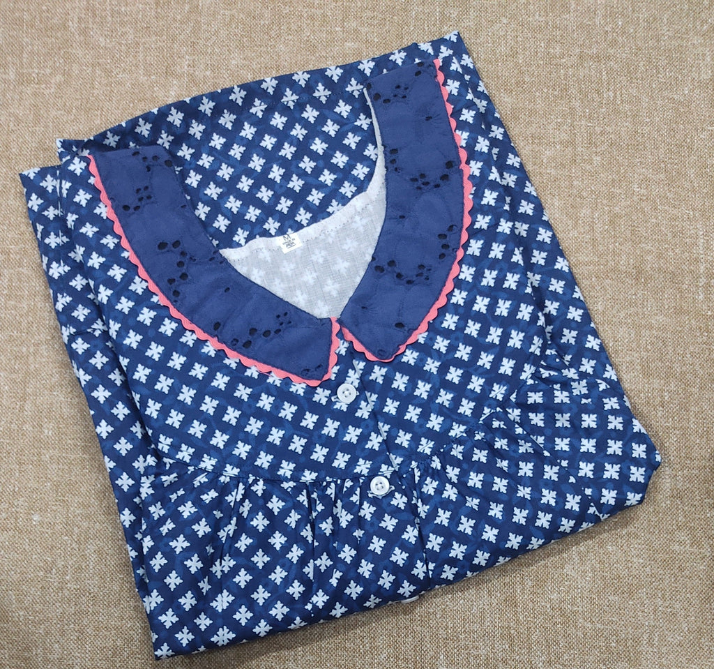 Soft Cotton Pleated , With Pockets, Half Open Medium Printed Nighty