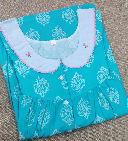Soft Cotton Pleated , With Pockets, Half Open Medium Printed Nighty
