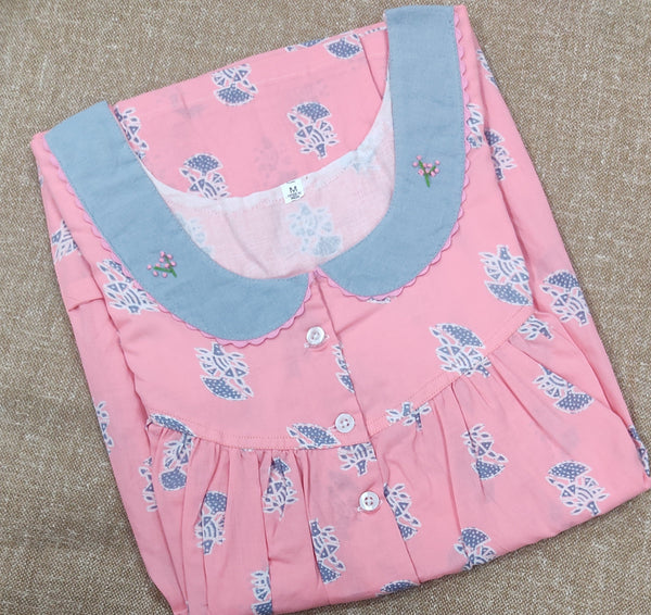 Soft Cotton Pleated , With Pockets, Half Open Medium Printed Nighty