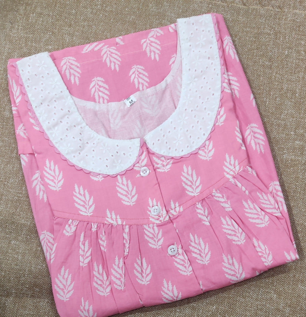 Soft Cotton Pleated , With Pockets, Half Open Medium Printed Nighty