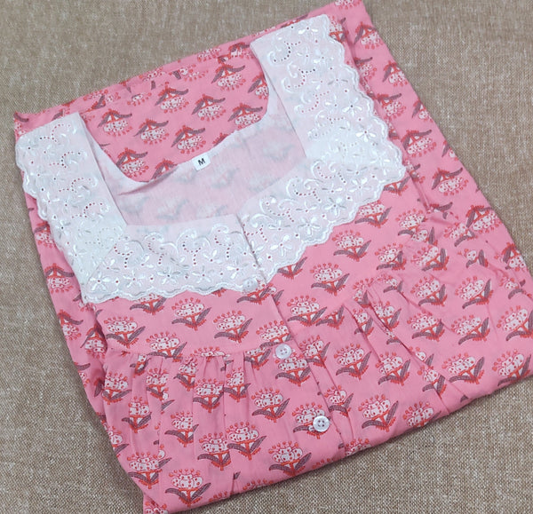 Cotton Pleated , With Pockets, Half Open Medium Printed Nighty