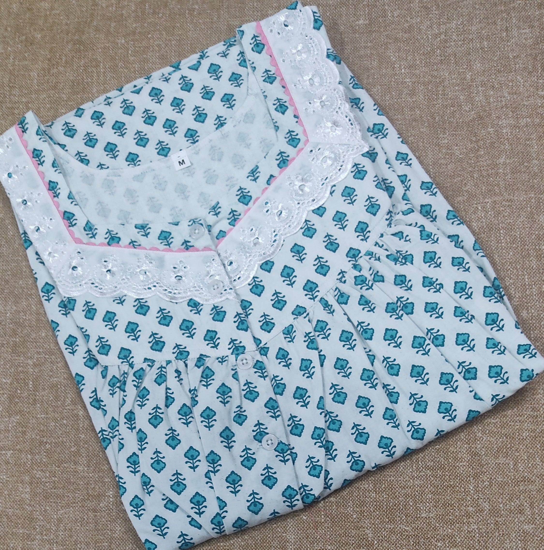 Cotton Pleated , With Pockets, Half Open, Extra Long Medium Printed Nighty