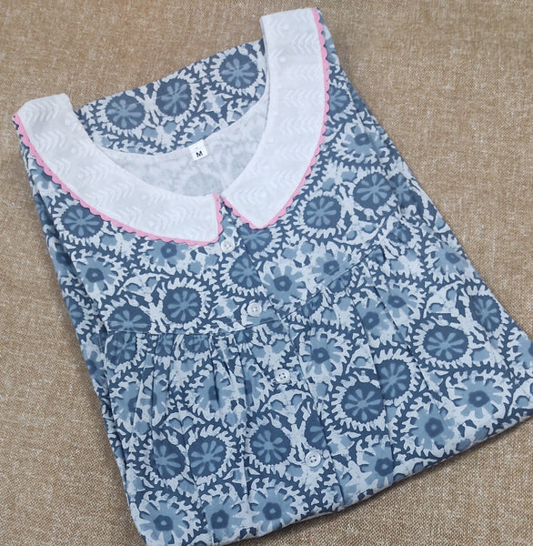 Cotton Pleated , With Pockets, Half Open, Extra Long Medium Printed Nighty