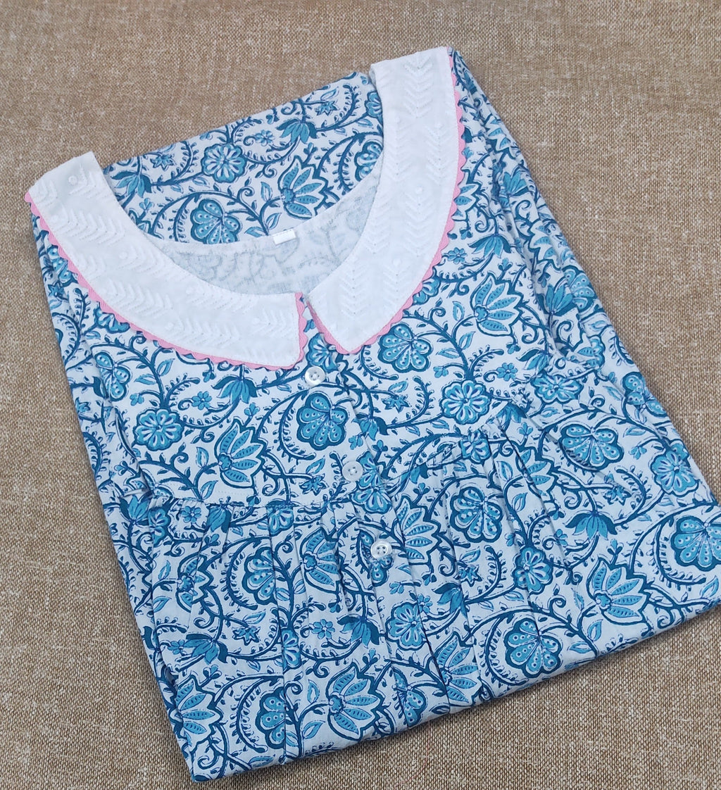Cotton Pleated , With Pockets, Half Open, Extra Long Medium Printed Nighty