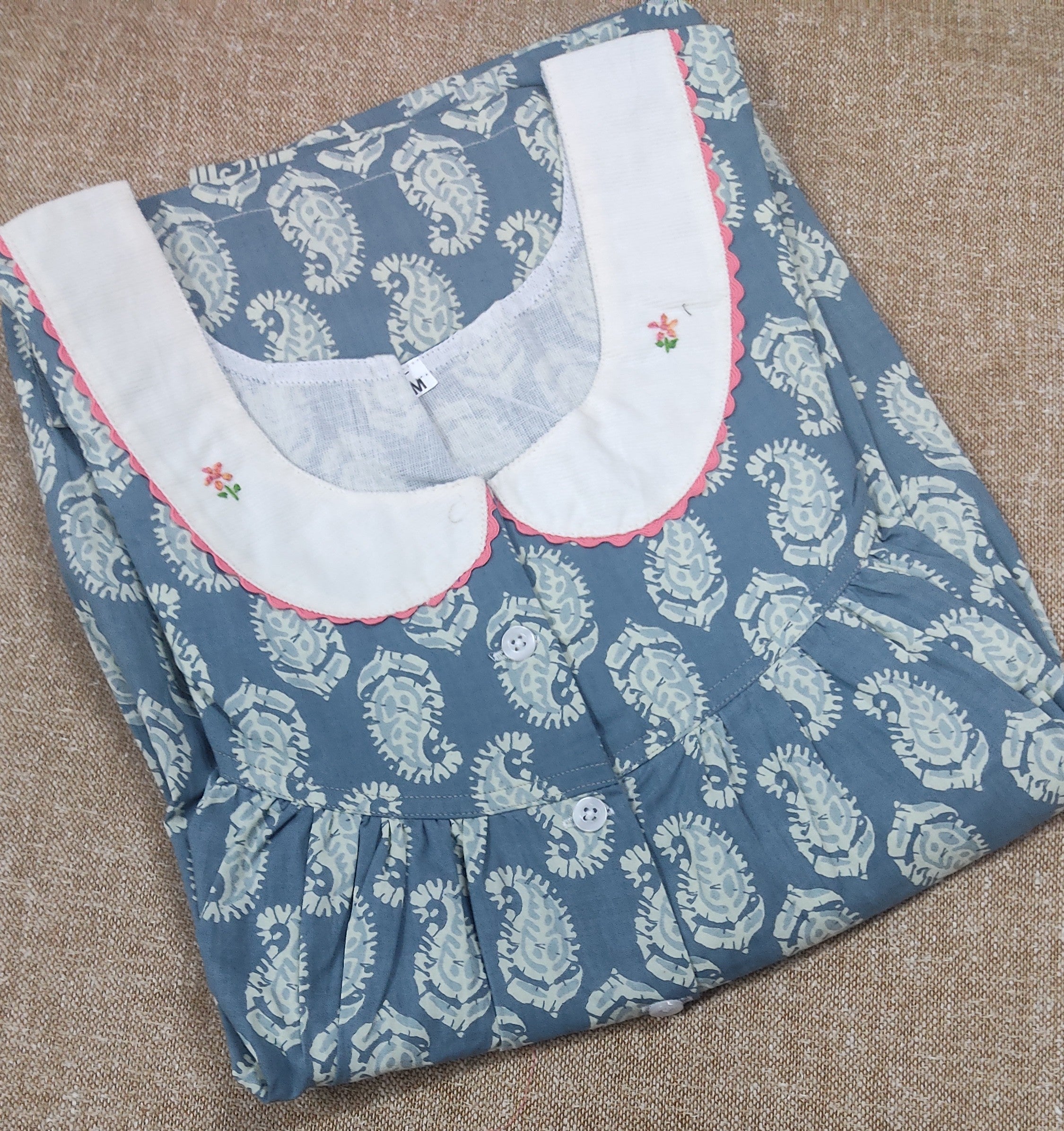 Cotton Pleated , With Pockets, Half Open, Extra Long Medium Printed Nighty