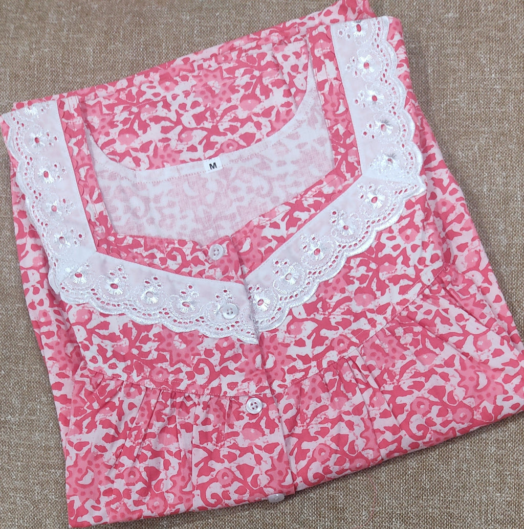 Cotton Pleated , With Pockets, Half Open, Extra Long Medium Printed Nighty