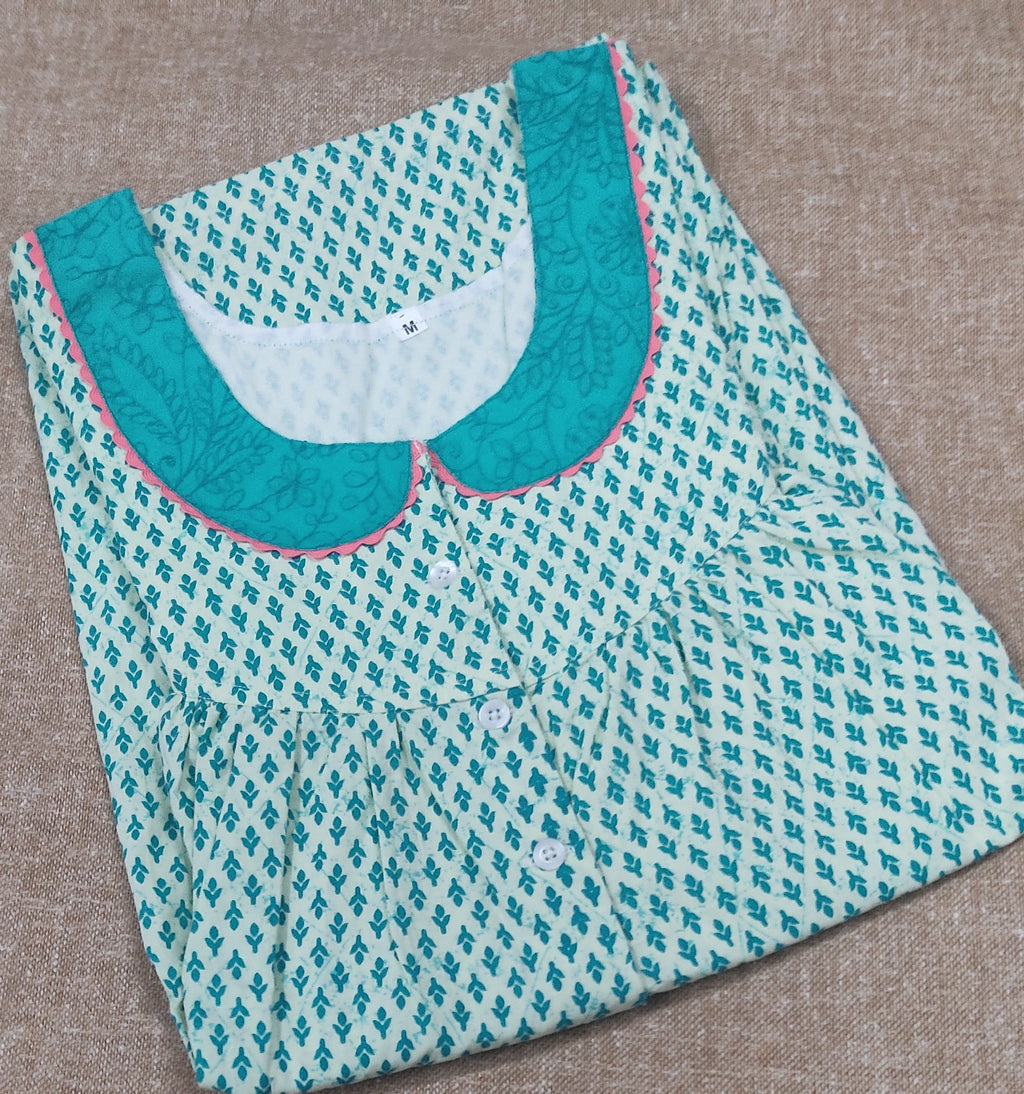 Cotton Pleated , With Pockets, Half Open, Extra Long Medium Printed Nighty