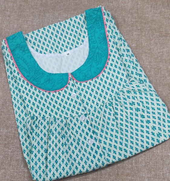 Cotton Pleated , With Pockets, Half Open, Extra Long Medium Printed Nighty