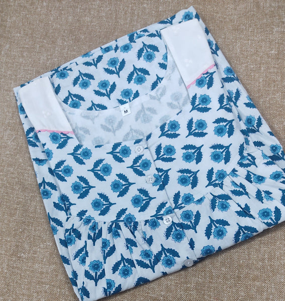 Cotton Pleated , With Pockets, Half Open, Extra Long Medium Printed Nighty