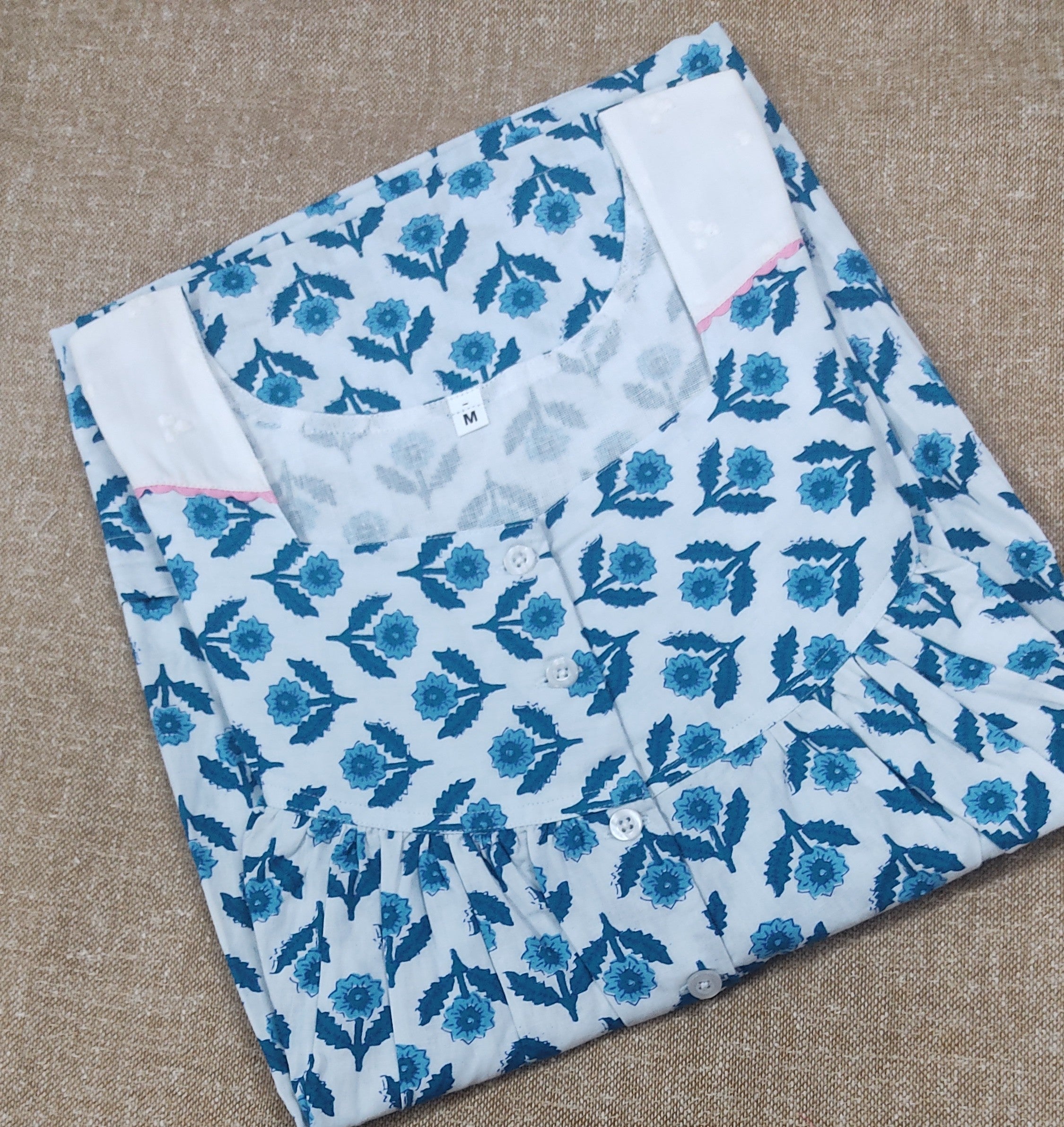 Cotton Pleated , With Pockets, Half Open Medium Printed Nighty